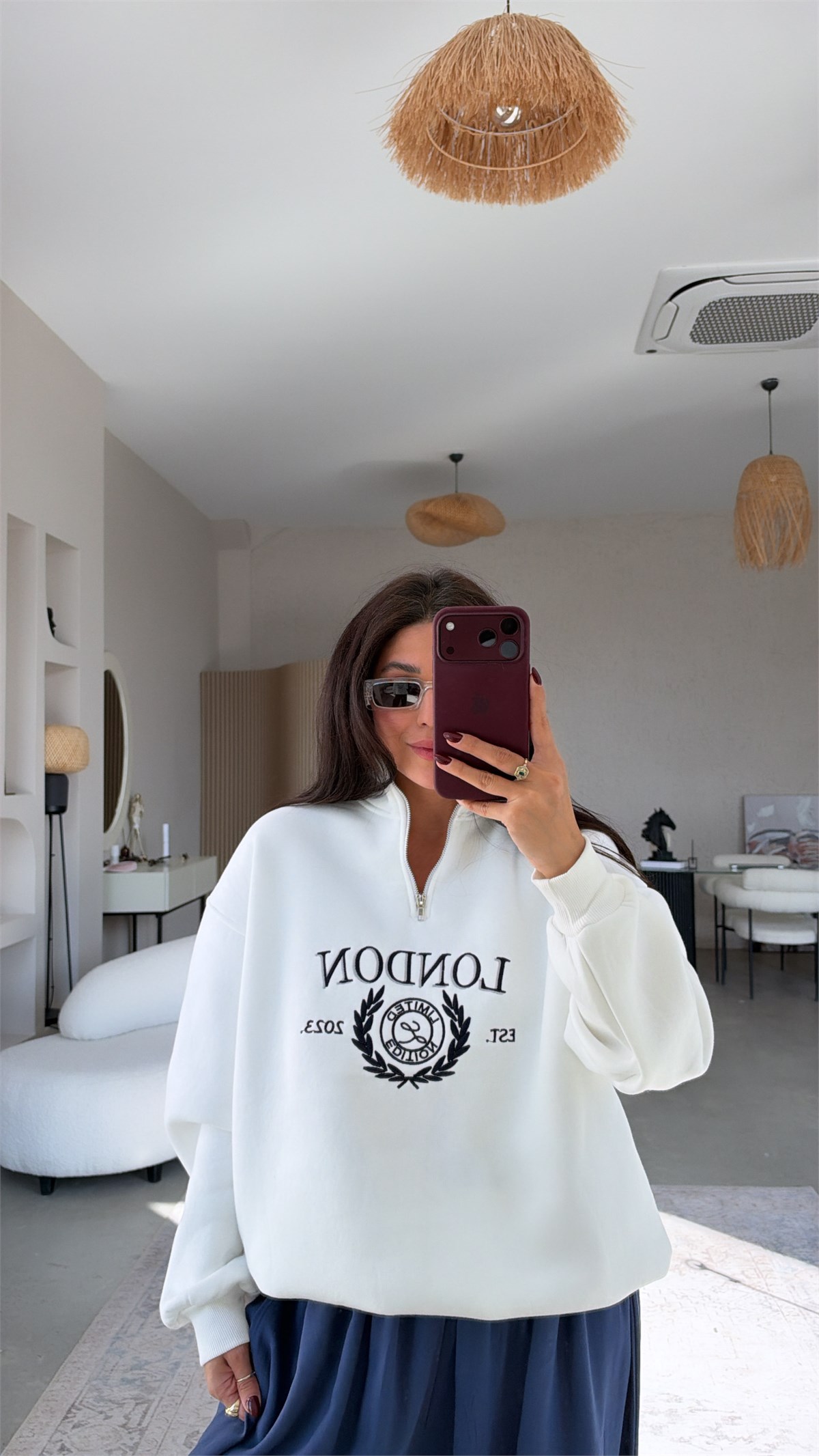 Beyaz Şardonlu London Fermuarlı Sweatshirt