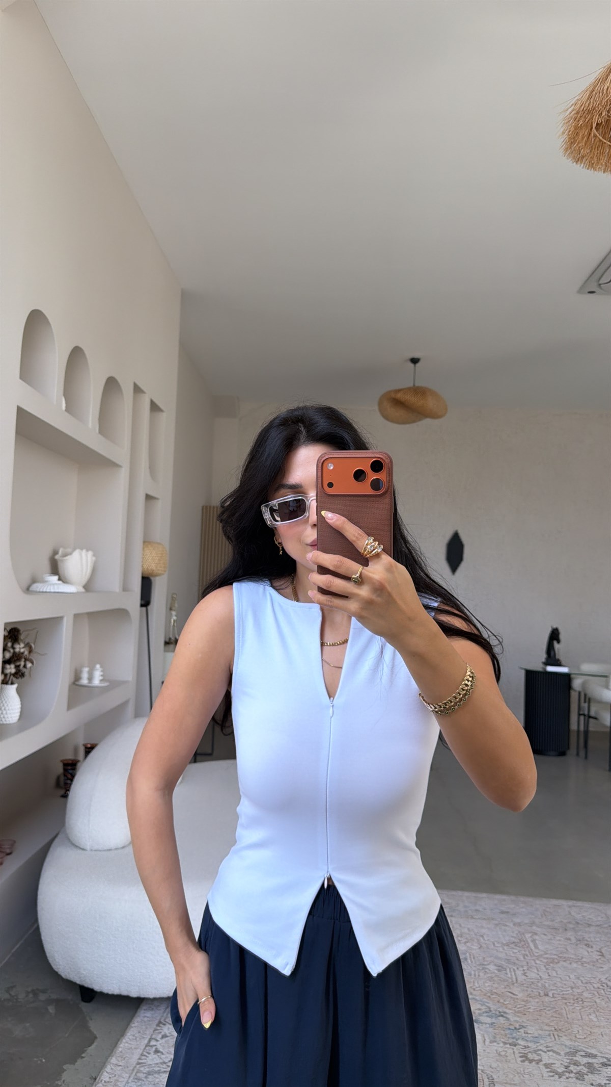 Beyaz Tam Fermuarlı Pamuklu Atlet