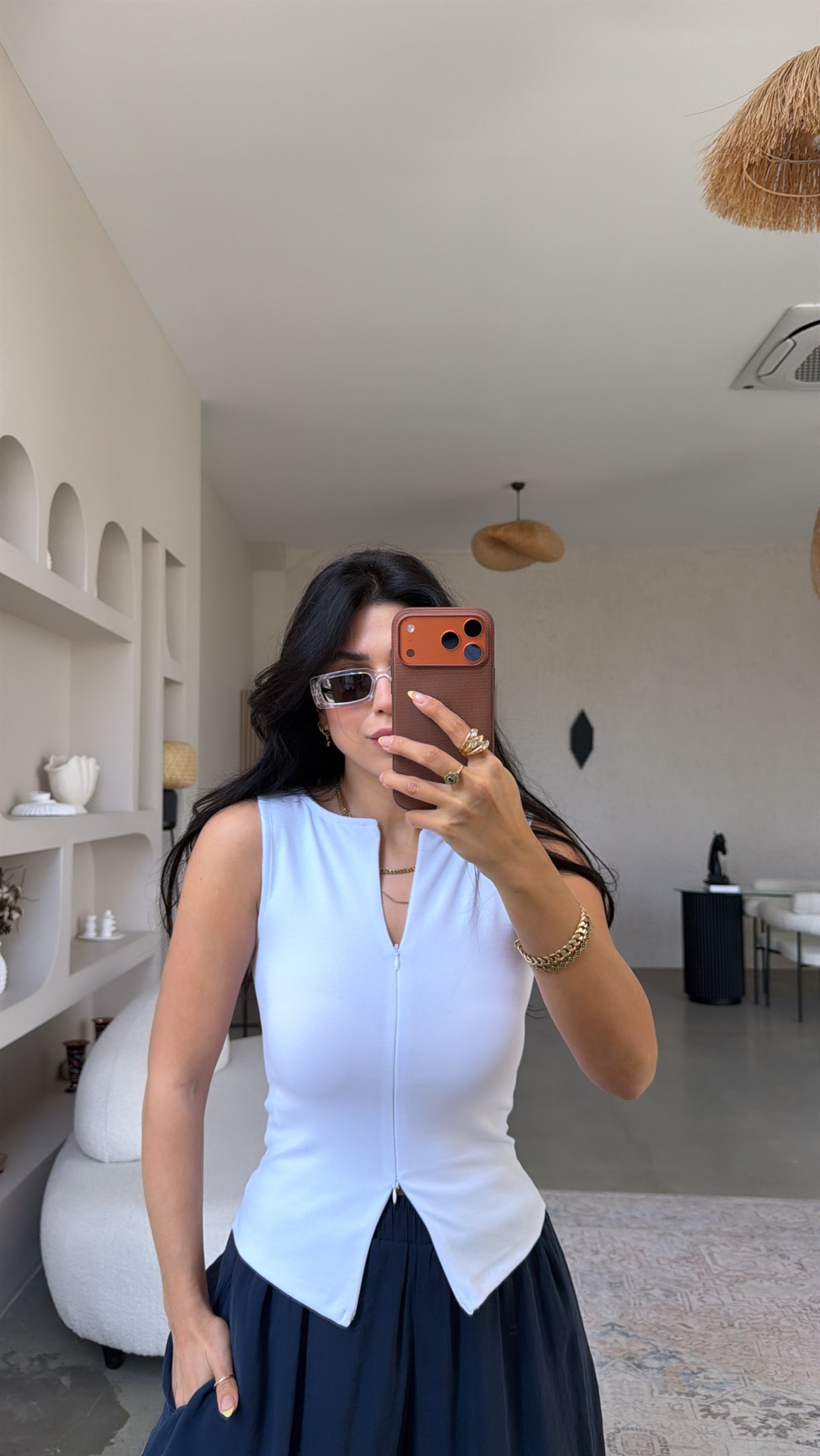 Beyaz Tam Fermuarlı Pamuklu Atlet