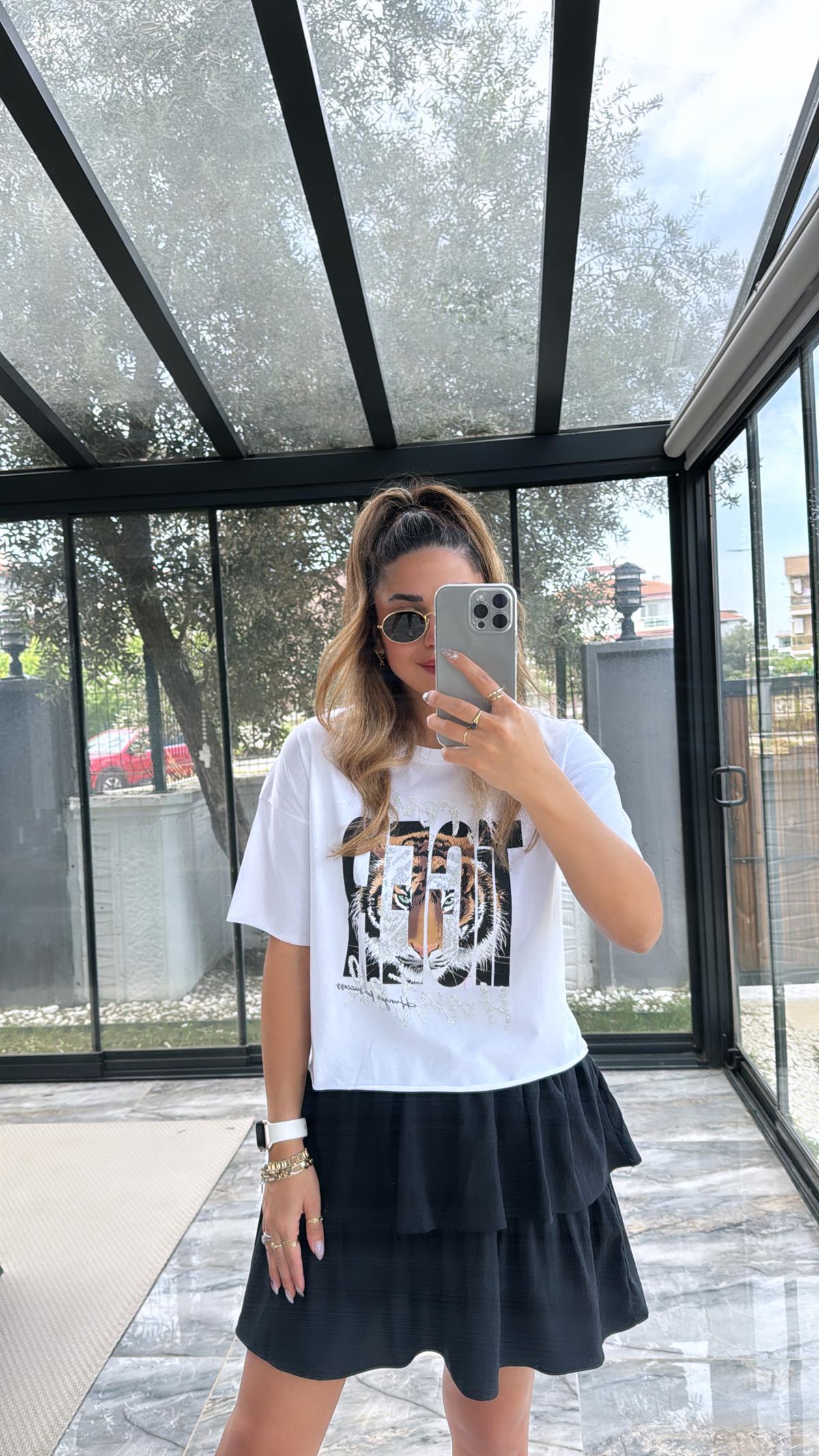 Beyaz Tiger Taşlı Tshirt
