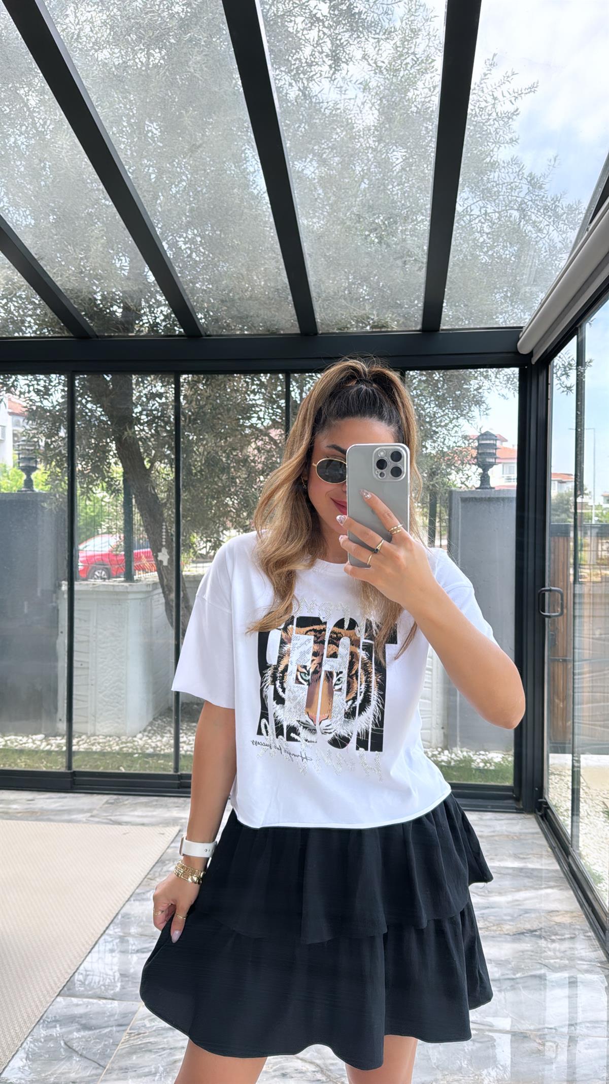 Beyaz Tiger Taşlı Tshirt