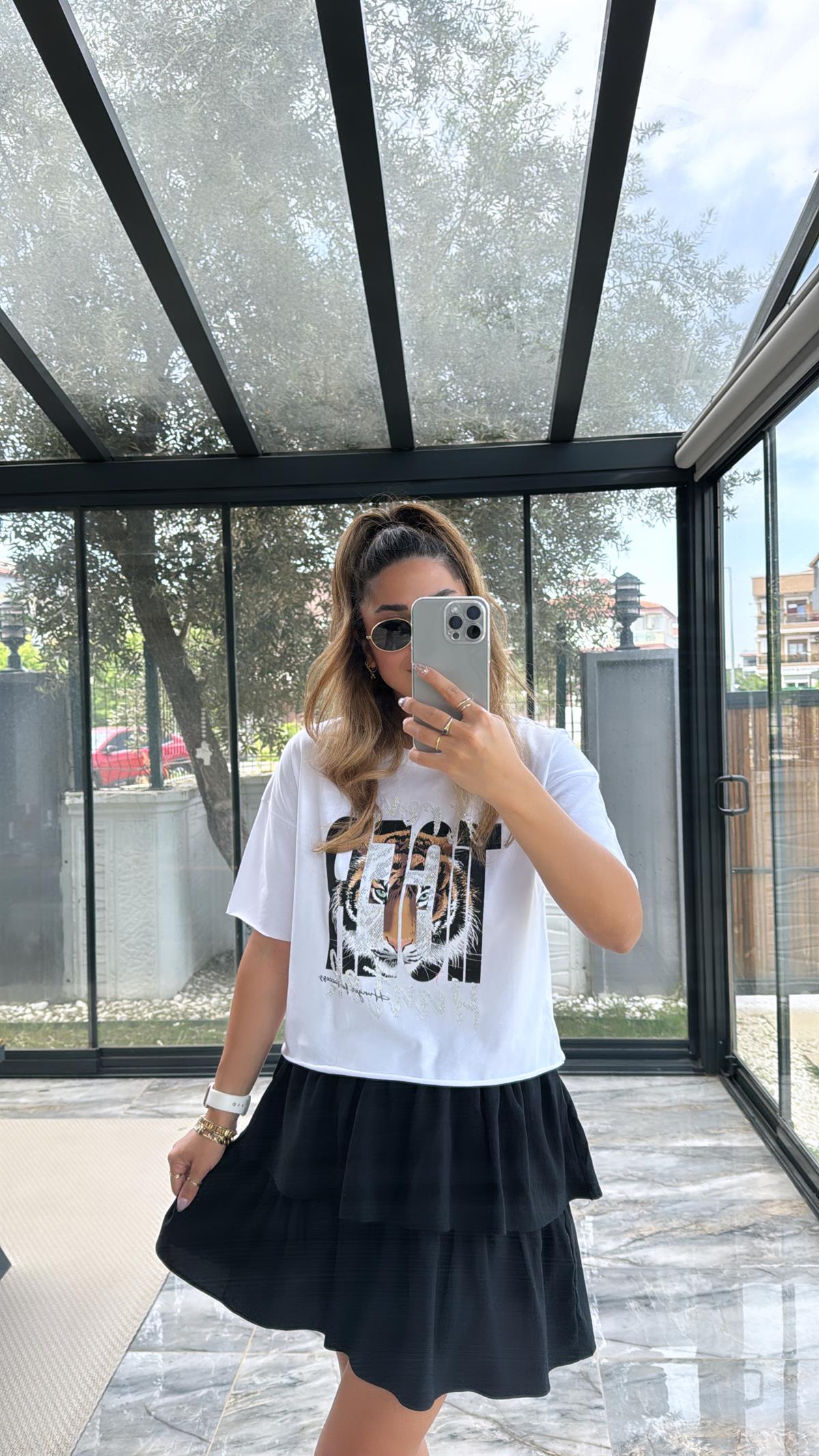 Beyaz Tiger Taşlı Tshirt