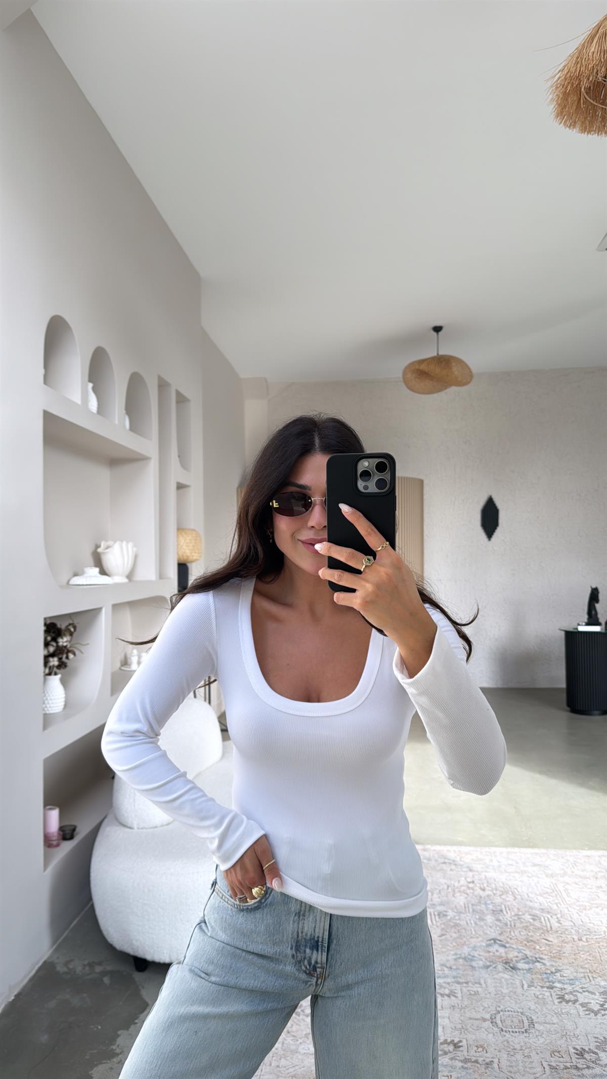 Beyaz U Yaka Uzun Kollu Fitilli Basic