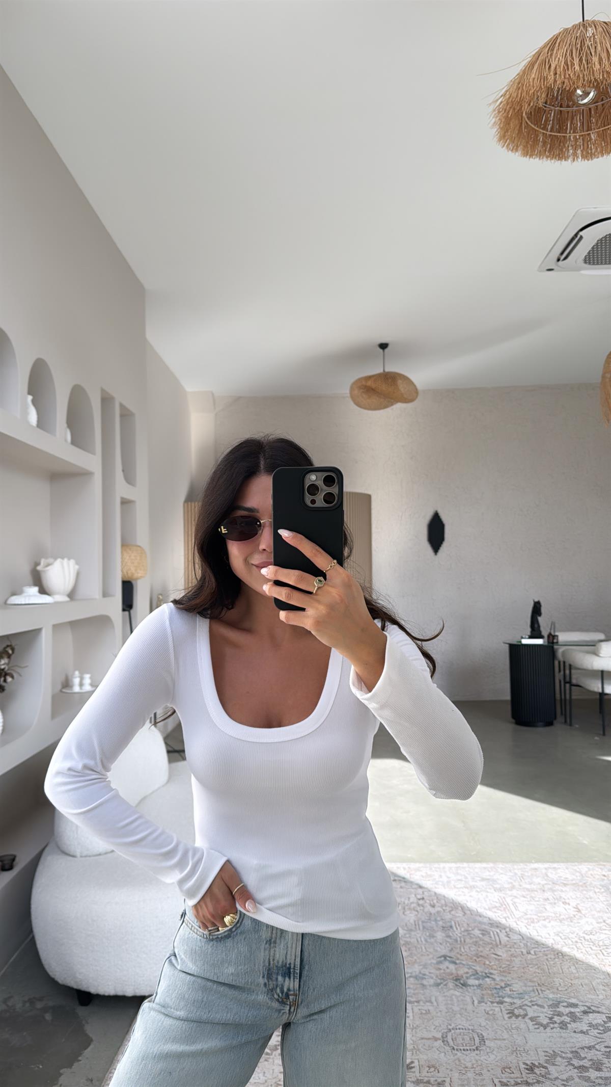 Beyaz U Yaka Uzun Kollu Fitilli Basic