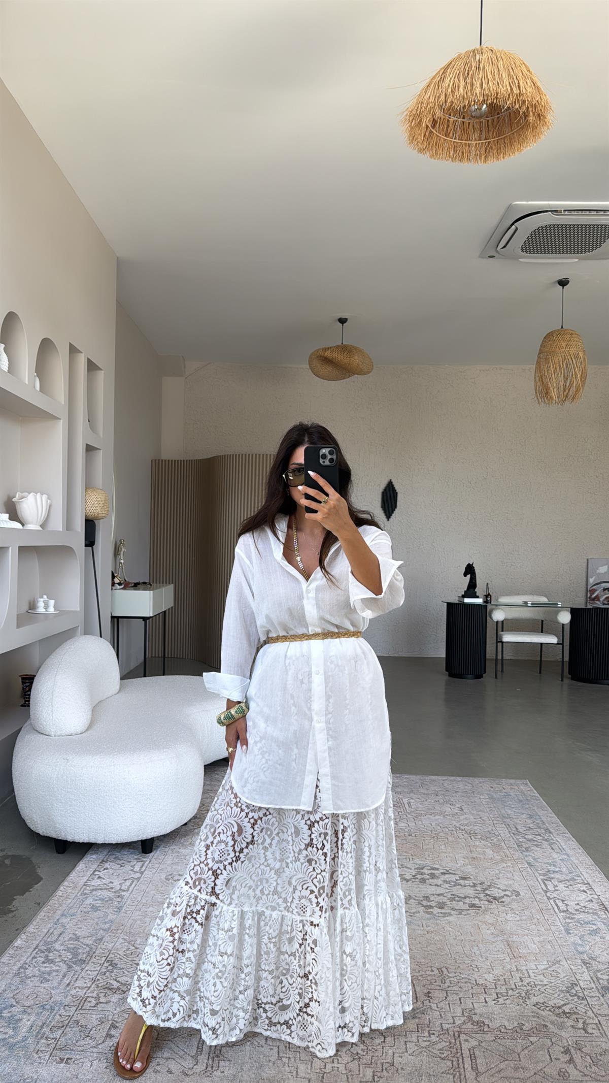 Beyaz Uzun Keten Pareo Gömlek