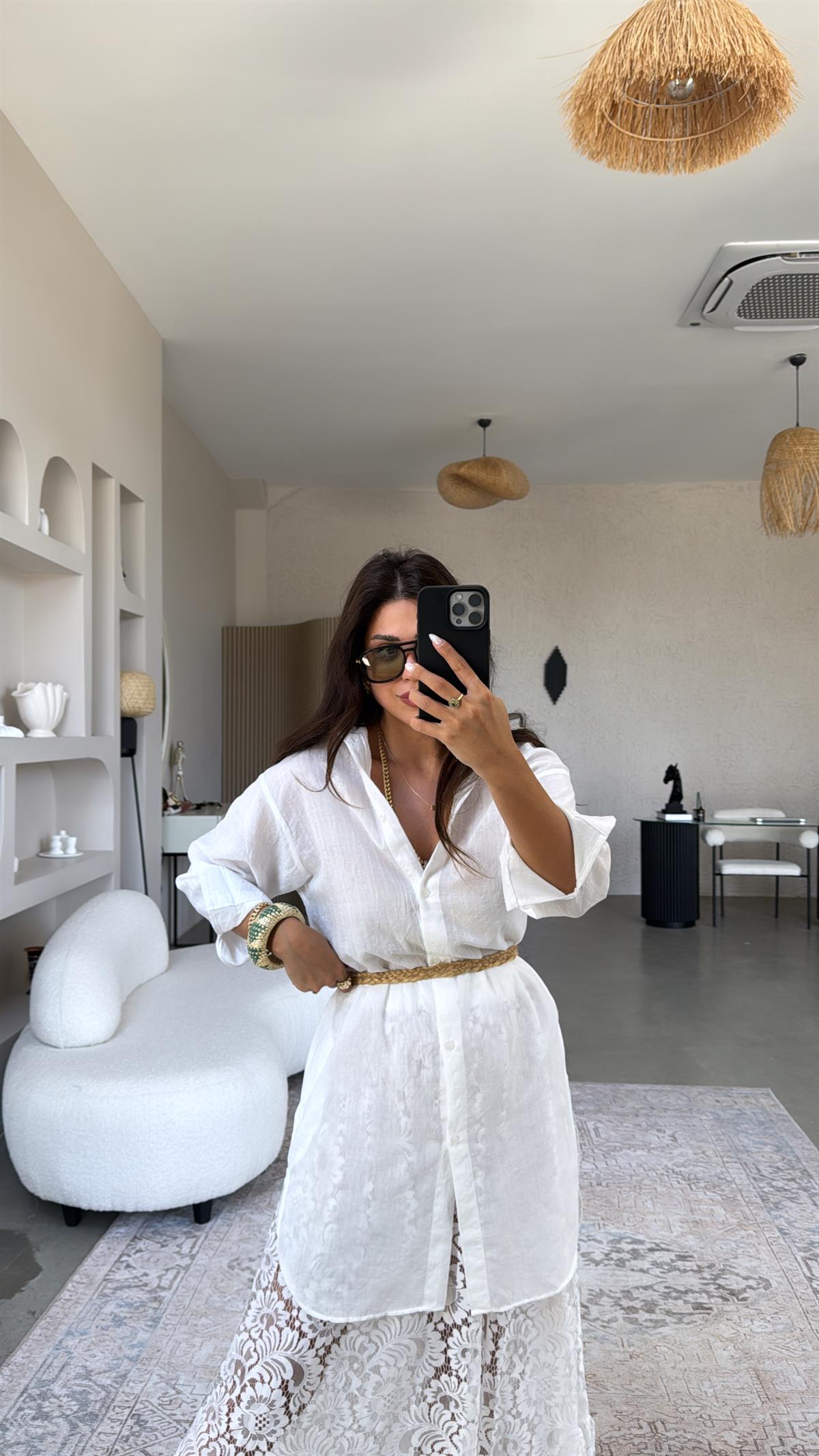 Beyaz Uzun Keten Pareo Gömlek