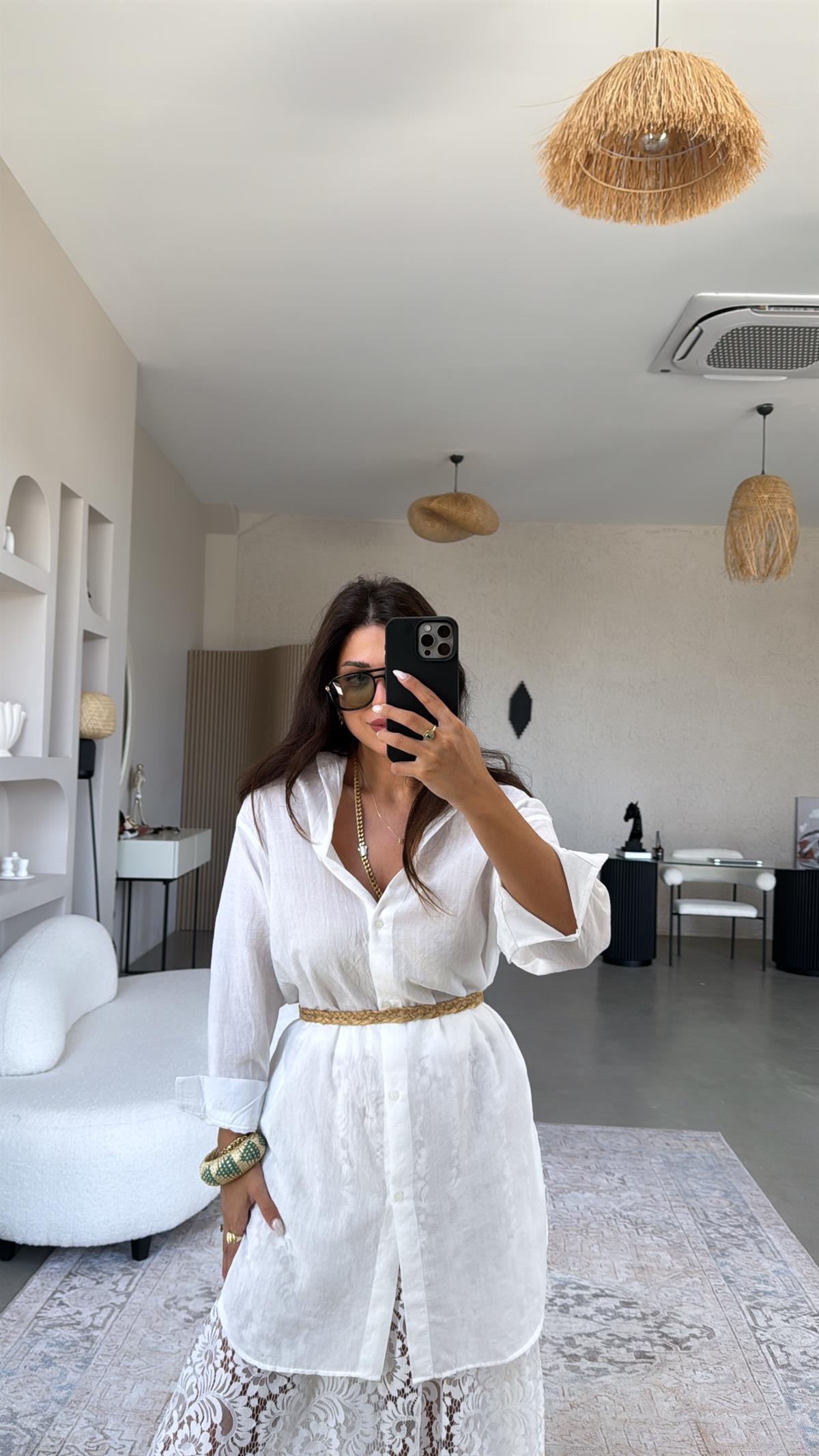 Beyaz Uzun Keten Pareo Gömlek