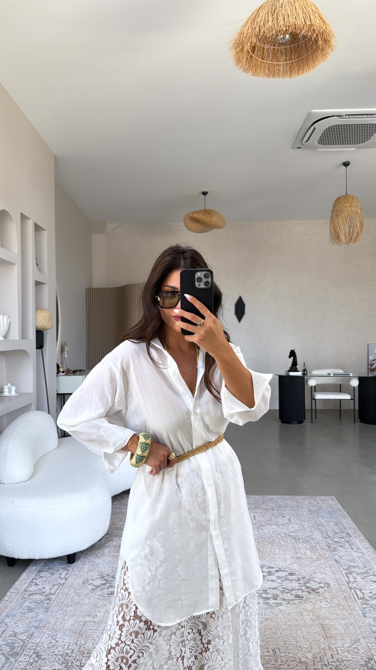 Beyaz Uzun Keten Pareo Gömlek