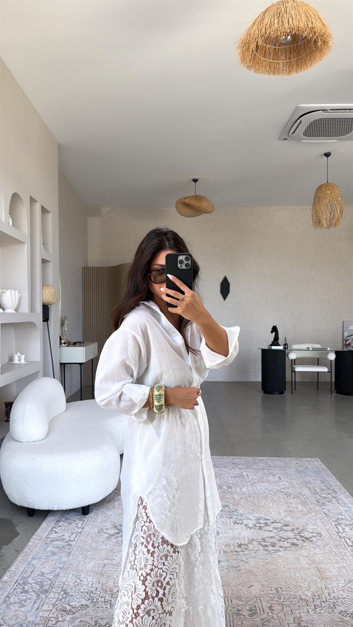 Beyaz Uzun Keten Pareo Gömlek