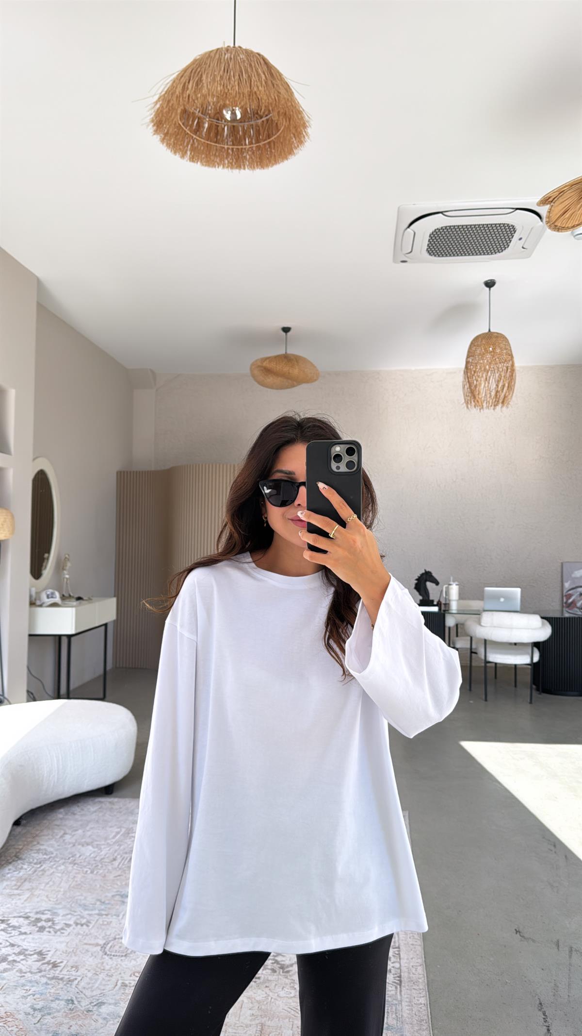 Beyaz Uzun Kol Basic Pamuk Tshirt