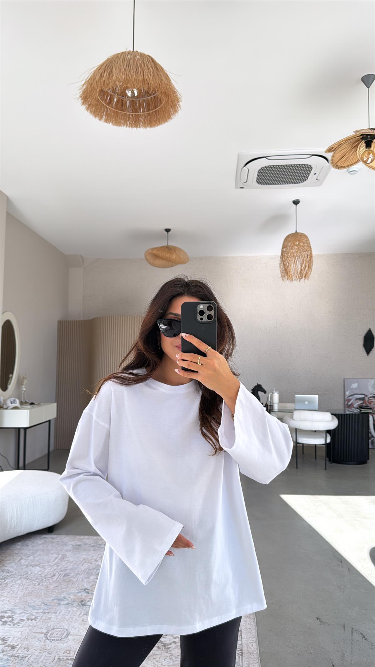 Beyaz Uzun Kol Basic Pamuk Tshirt