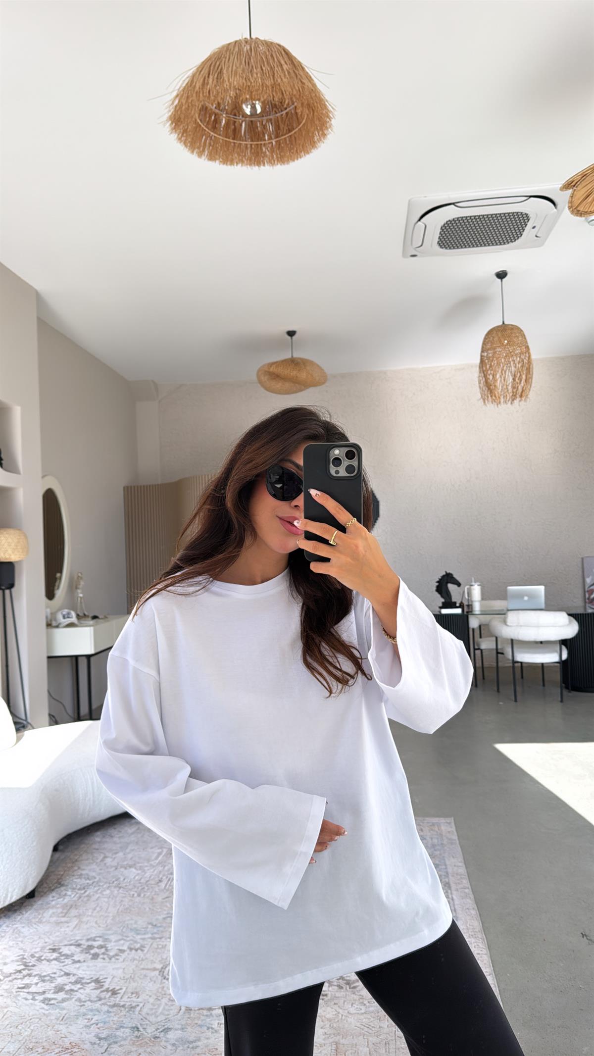 Beyaz Uzun Kol Basic Pamuk Tshirt