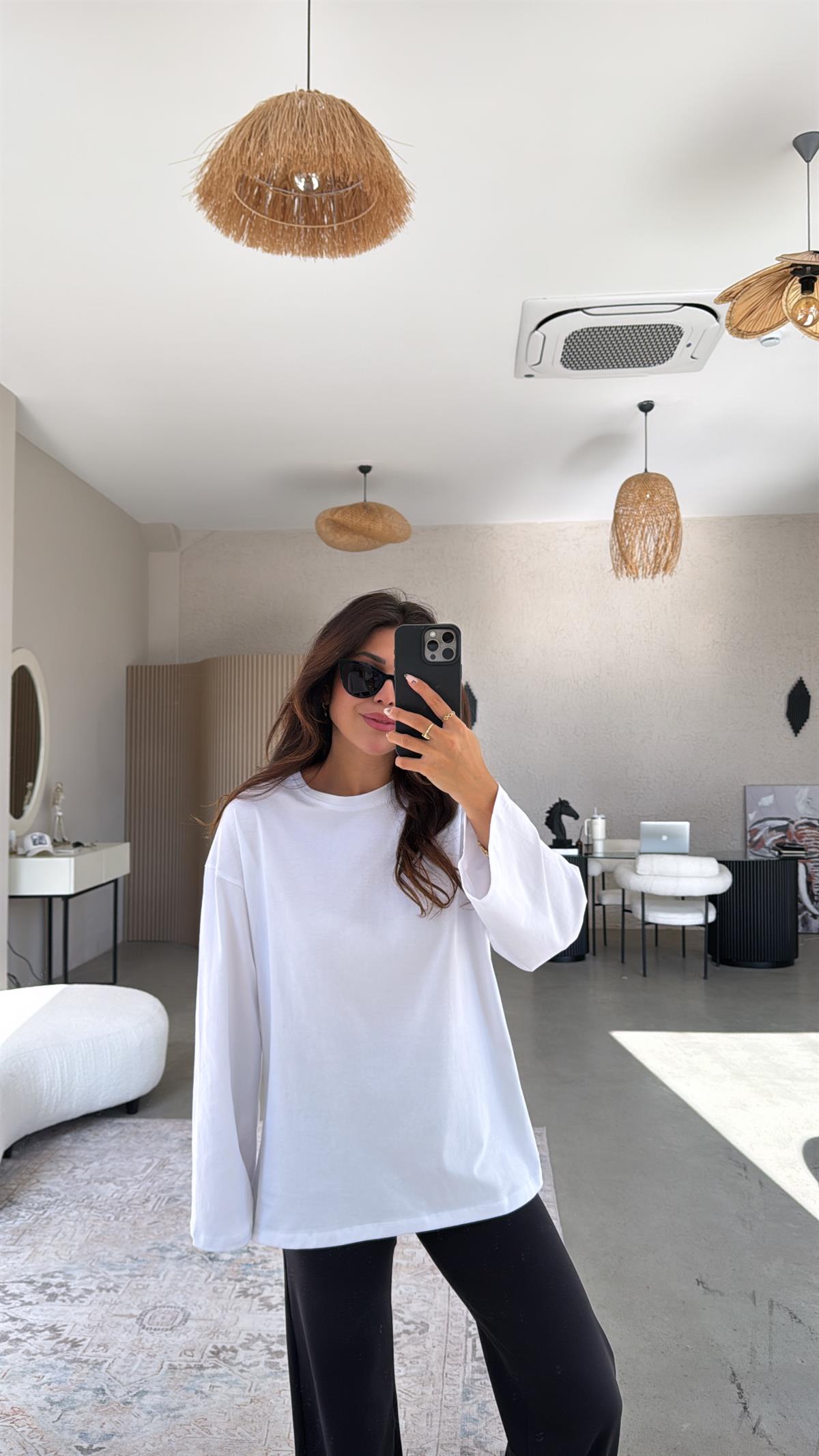 Beyaz Uzun Kol Basic Pamuk Tshirt