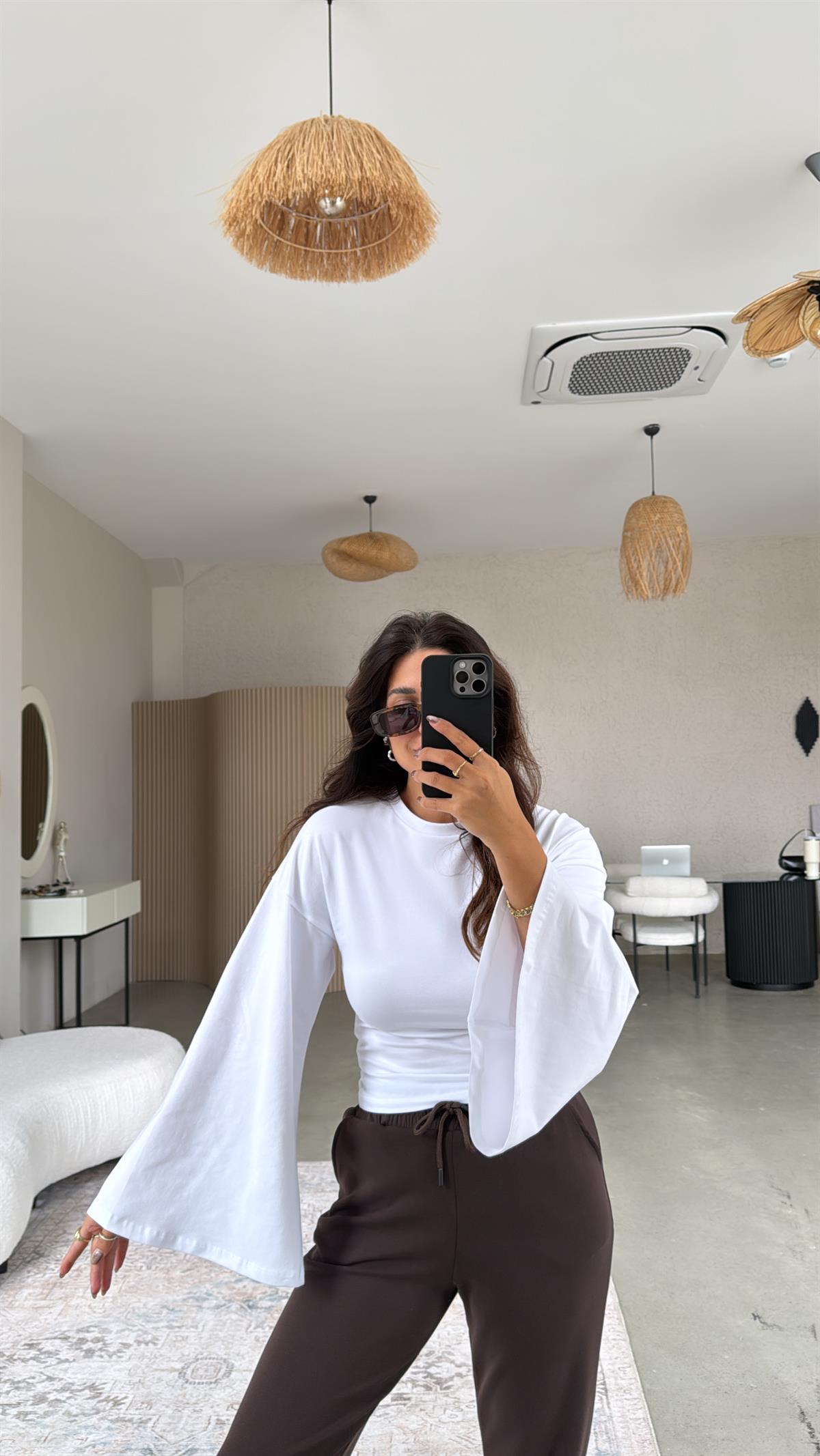 Beyaz Uzun Kol Pamuk İspanyol Kol Bluz