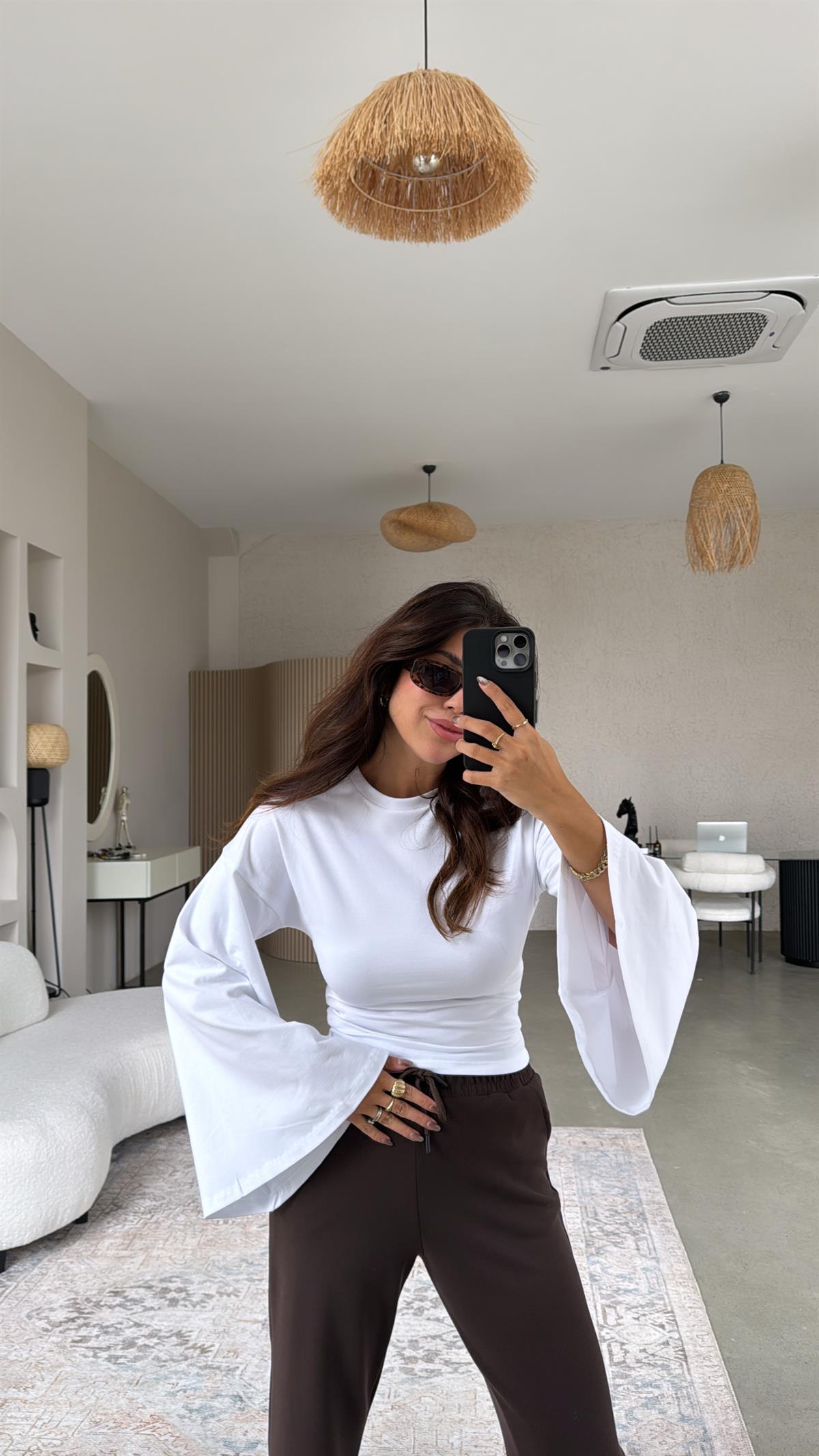 Beyaz Uzun Kol Pamuk İspanyol Kol Bluz