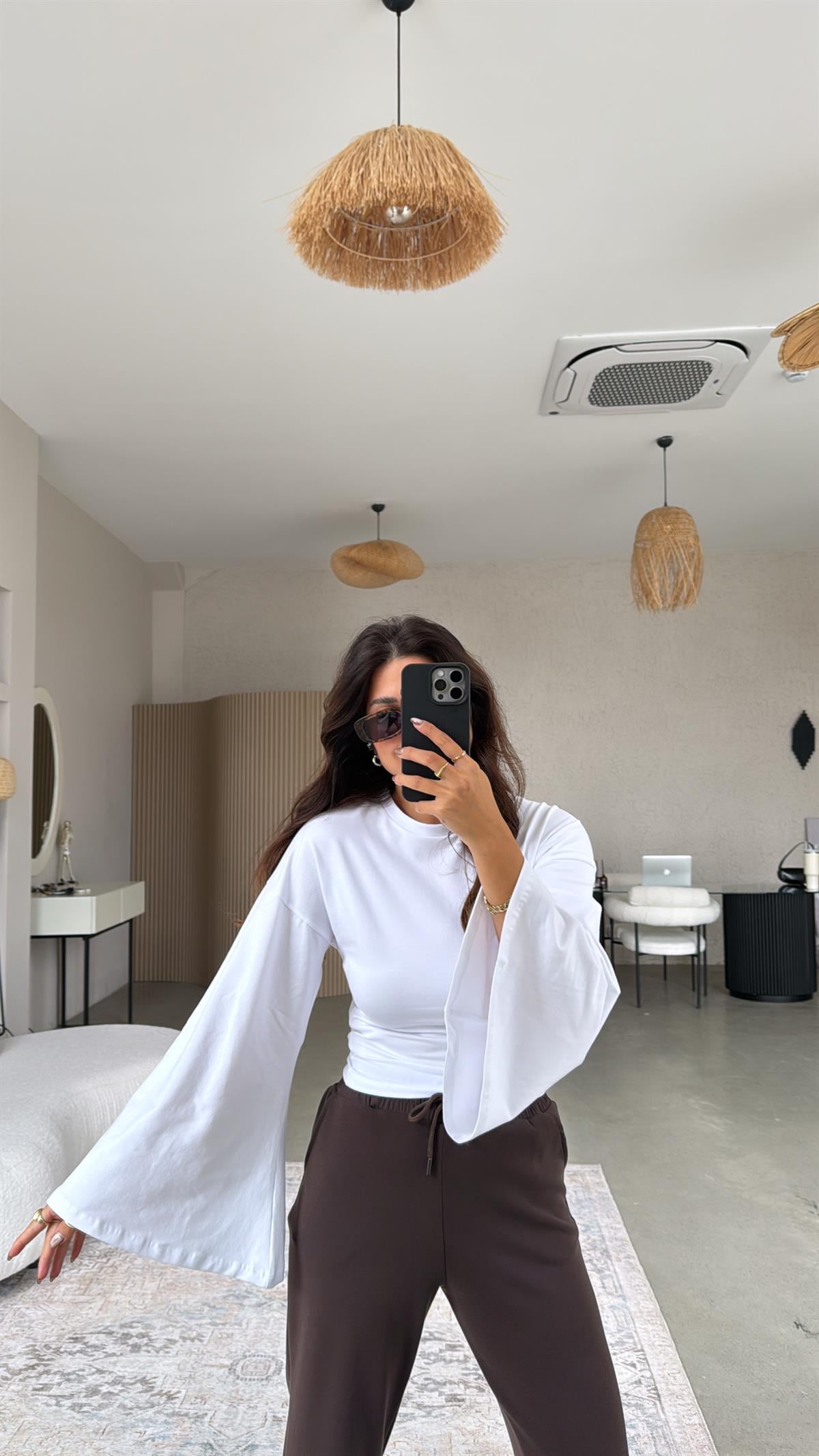 Beyaz Uzun Kol Pamuk İspanyol Kol Bluz