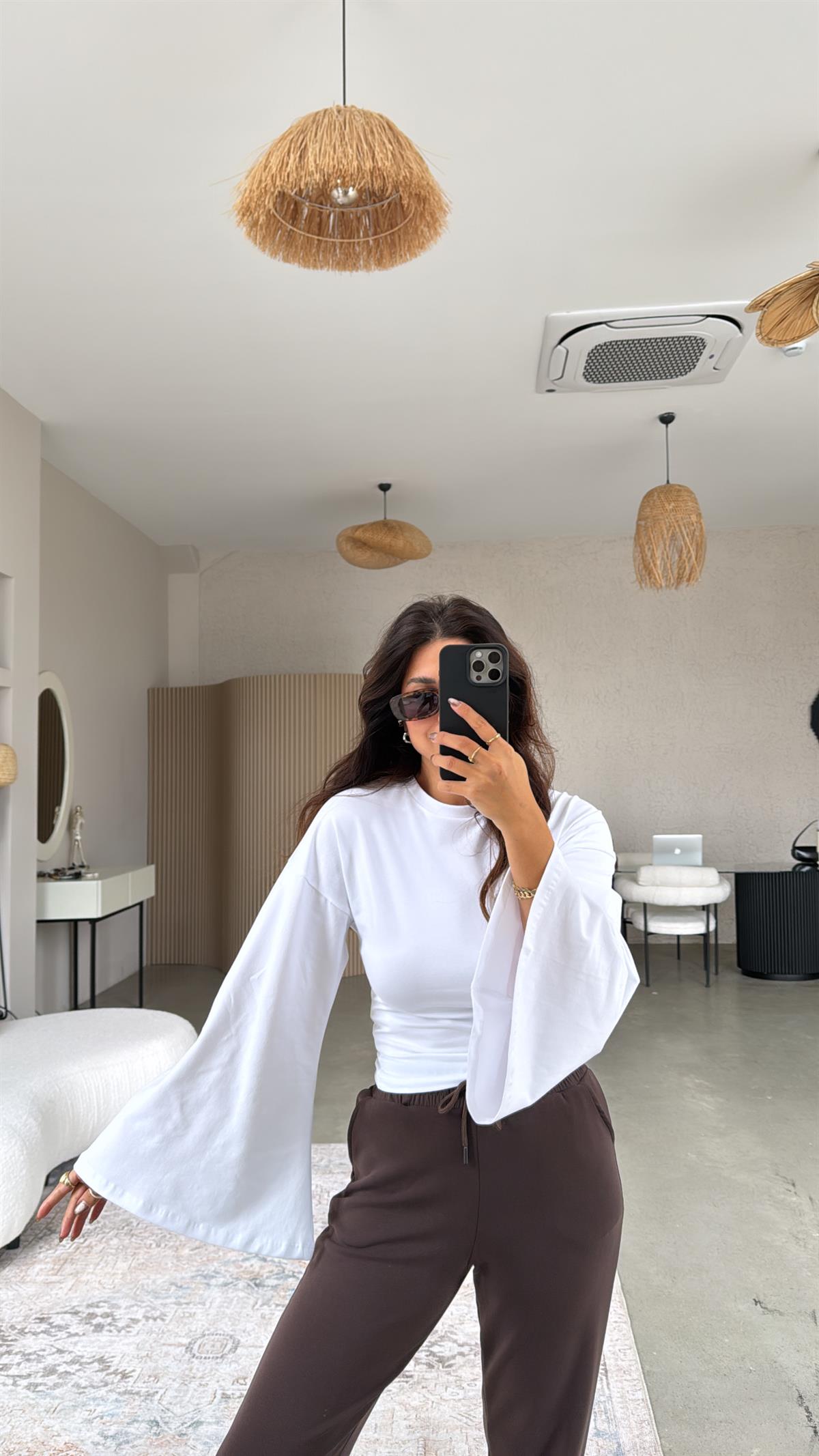 Beyaz Uzun Kol Pamuk İspanyol Kol Bluz