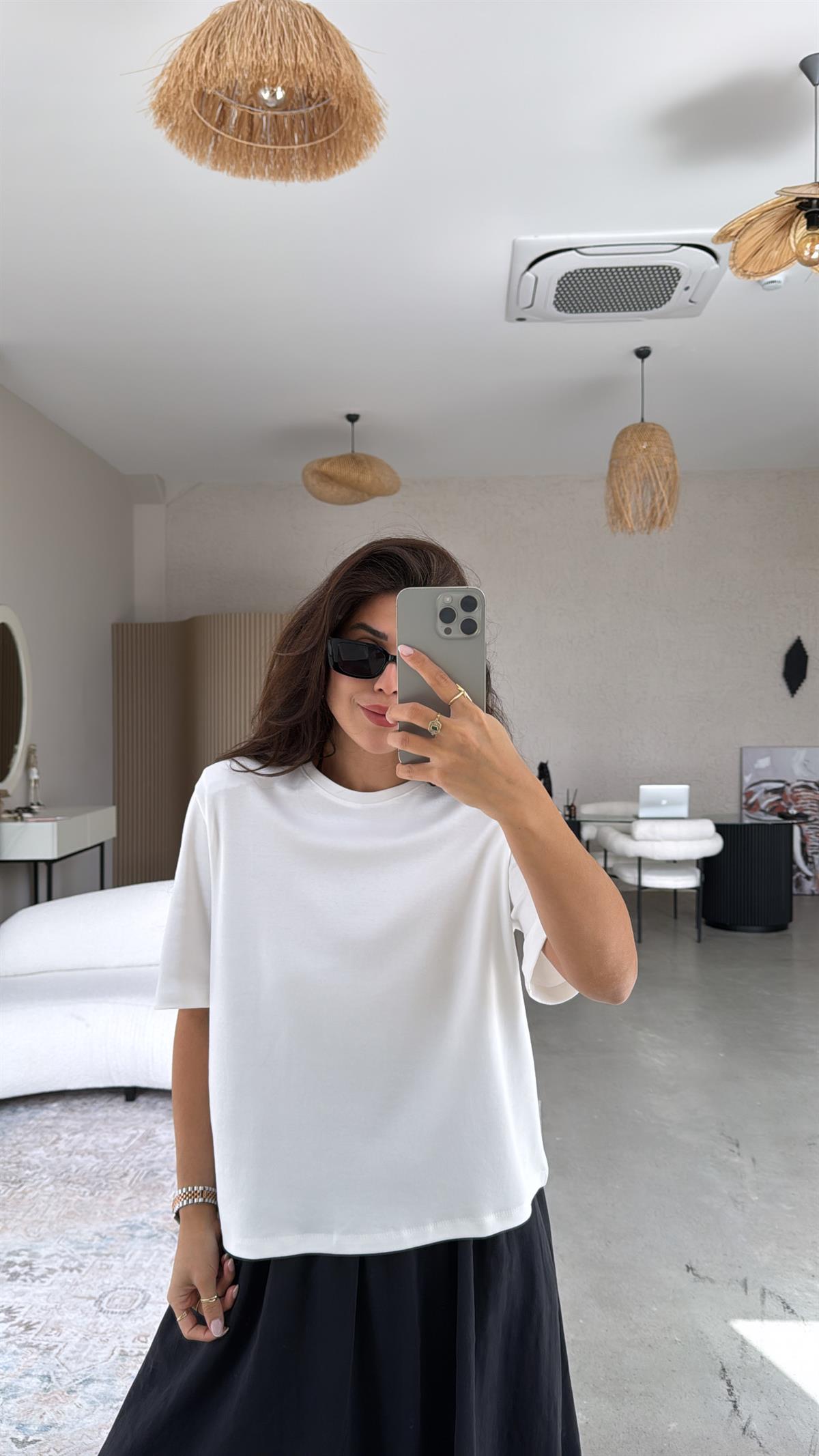 Beyaz Vatkalı Pamuk Basic Tshirt