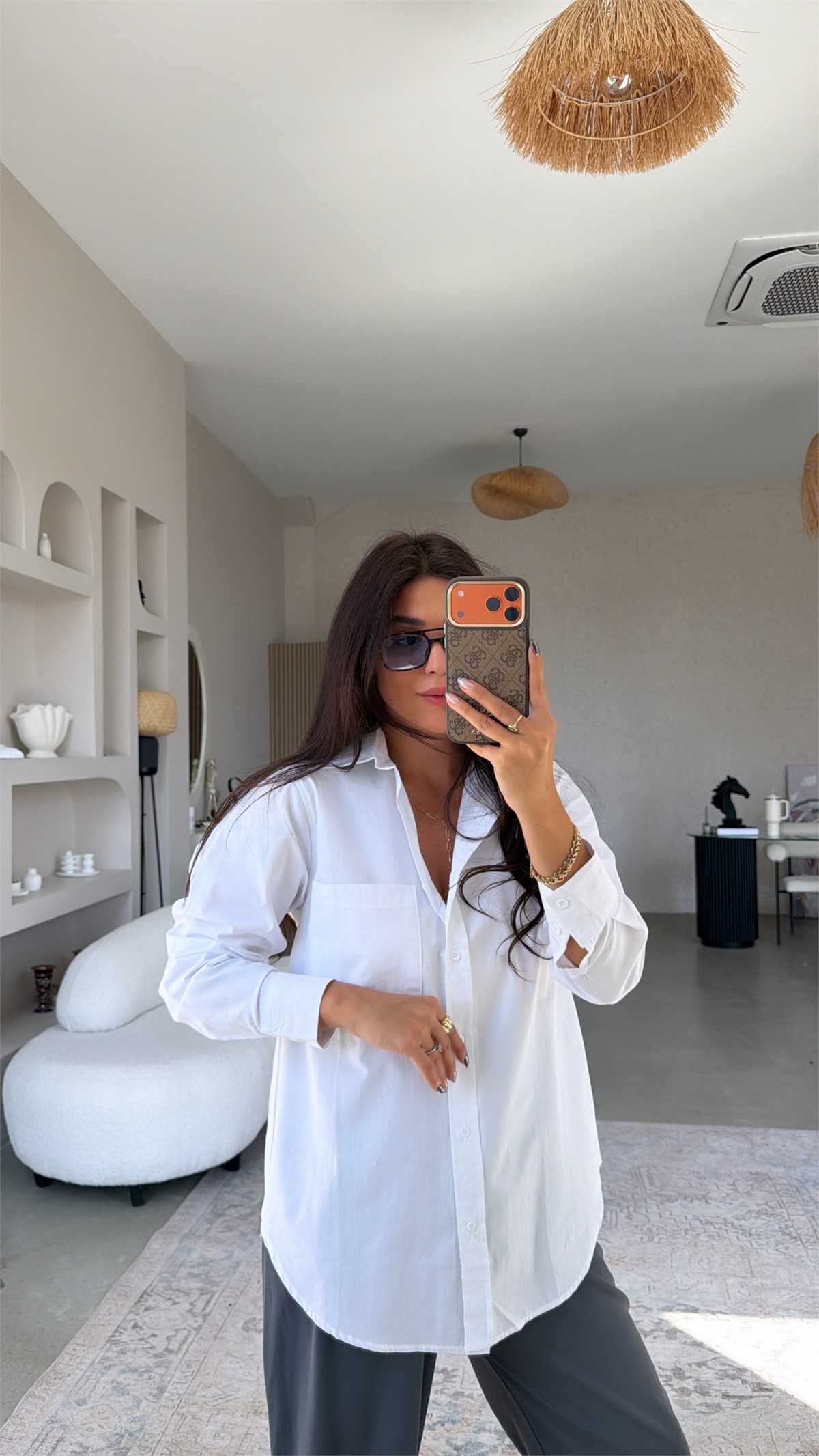 Beyaz ZR Model Pamuk Poplin Cepli Gömlek