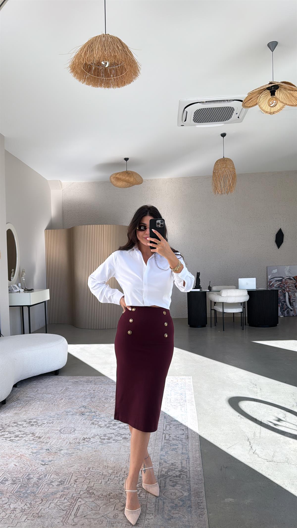 Bordo Altı Düğme Çelik Örme Etek