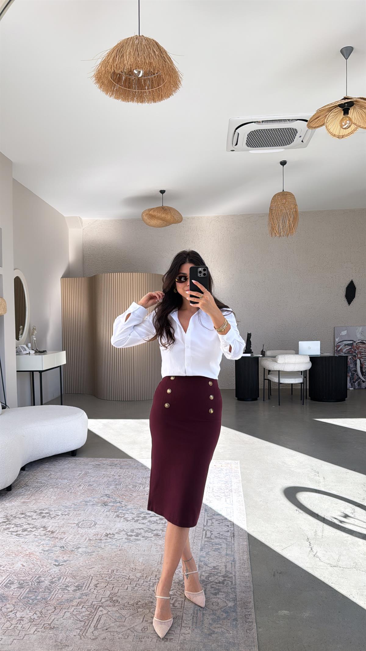 Bordo Altı Düğme Çelik Örme Etek