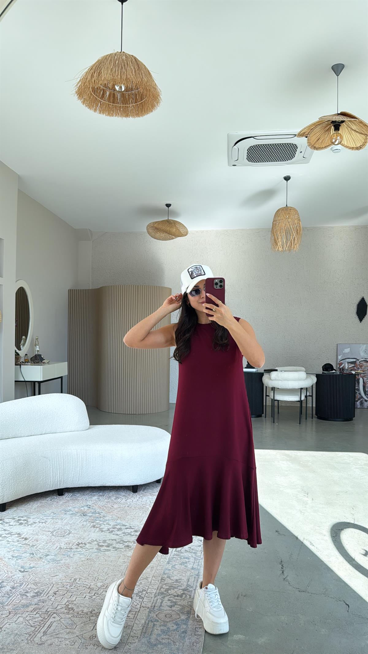 Bordo Altı Volanlı Elbise