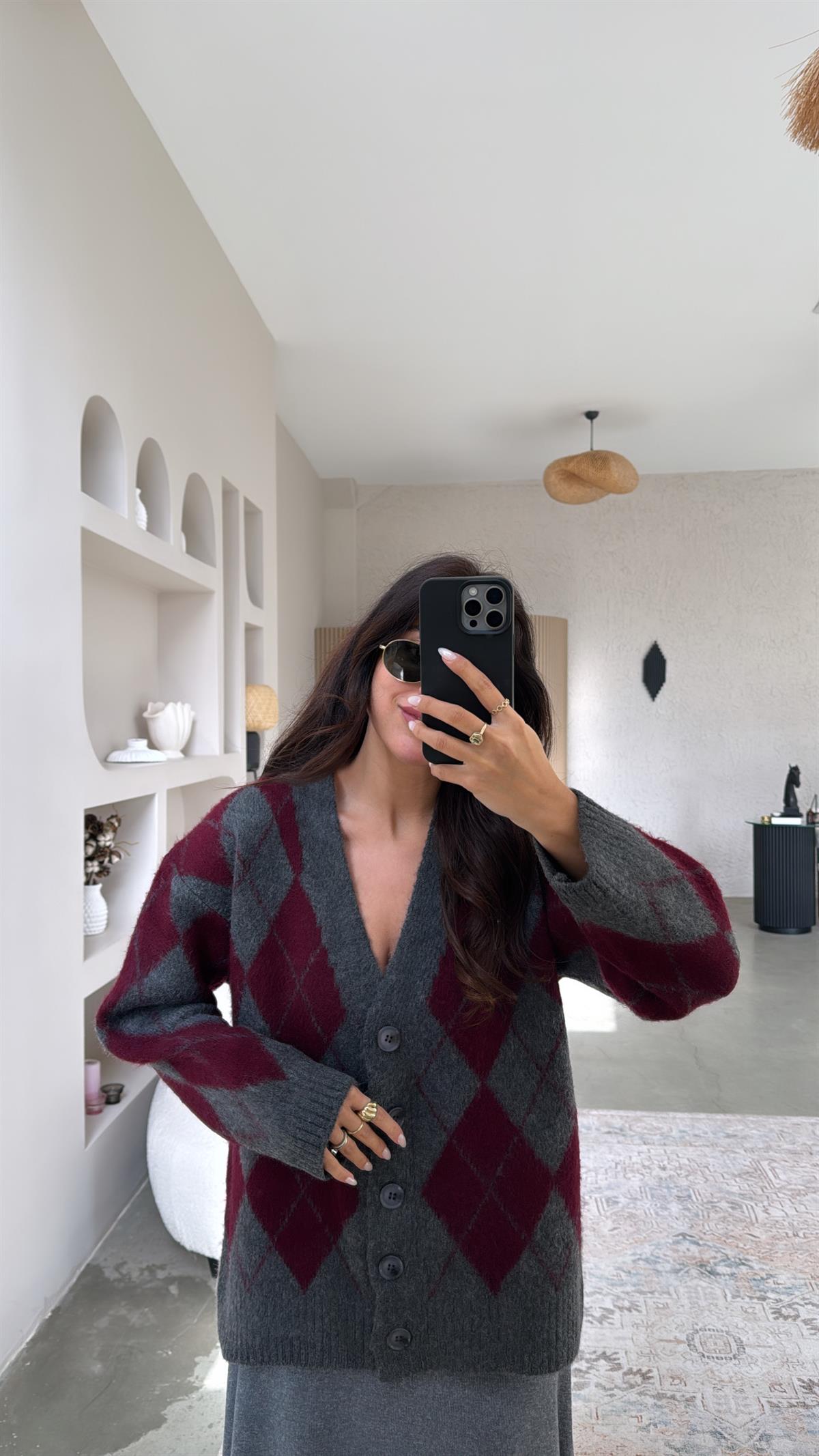 Bordo Antrasit Baklavalı Orijinal Massi Yumoş Hırka