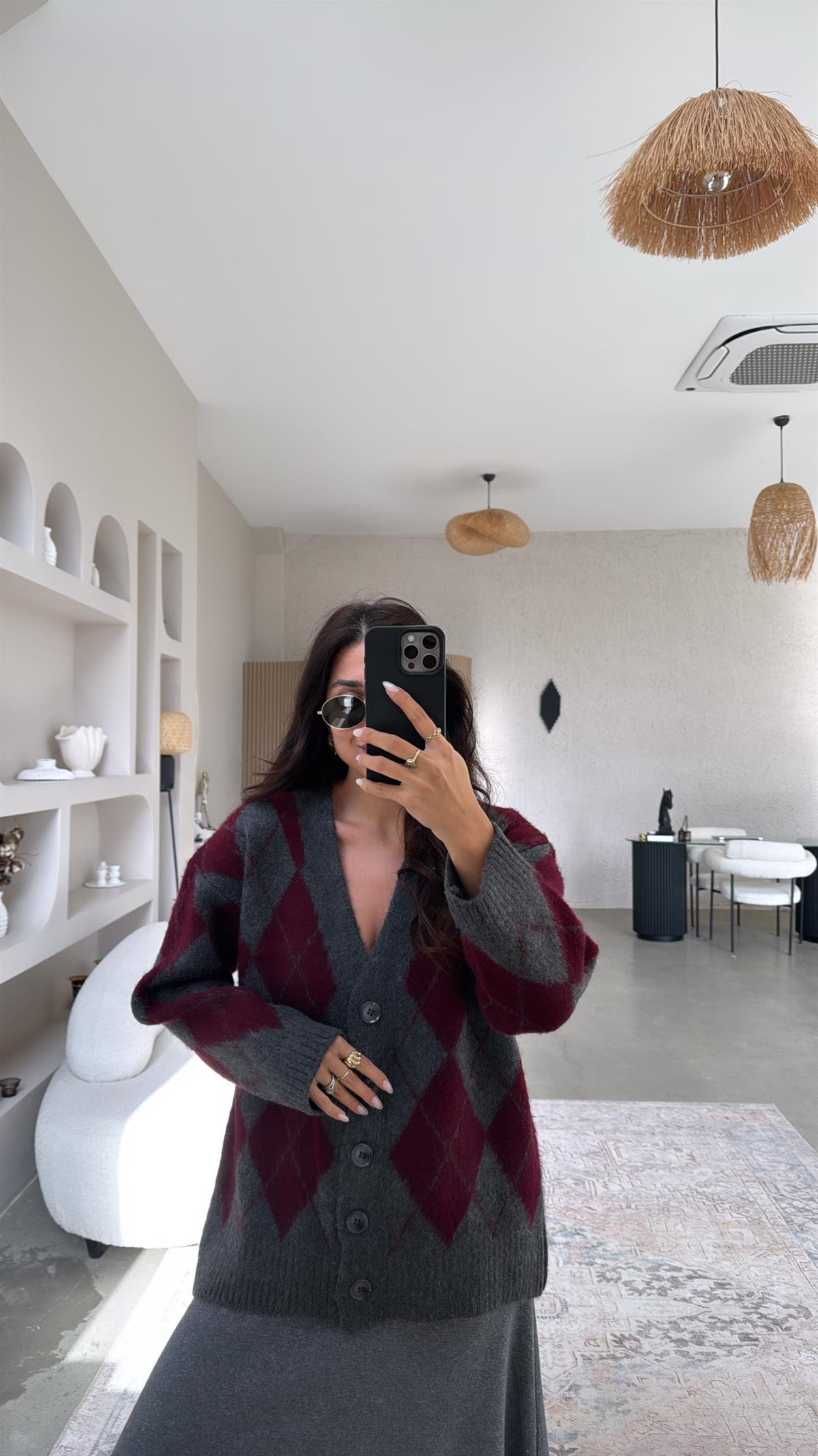 Bordo Antrasit Baklavalı Orijinal Massi Yumoş Hırka