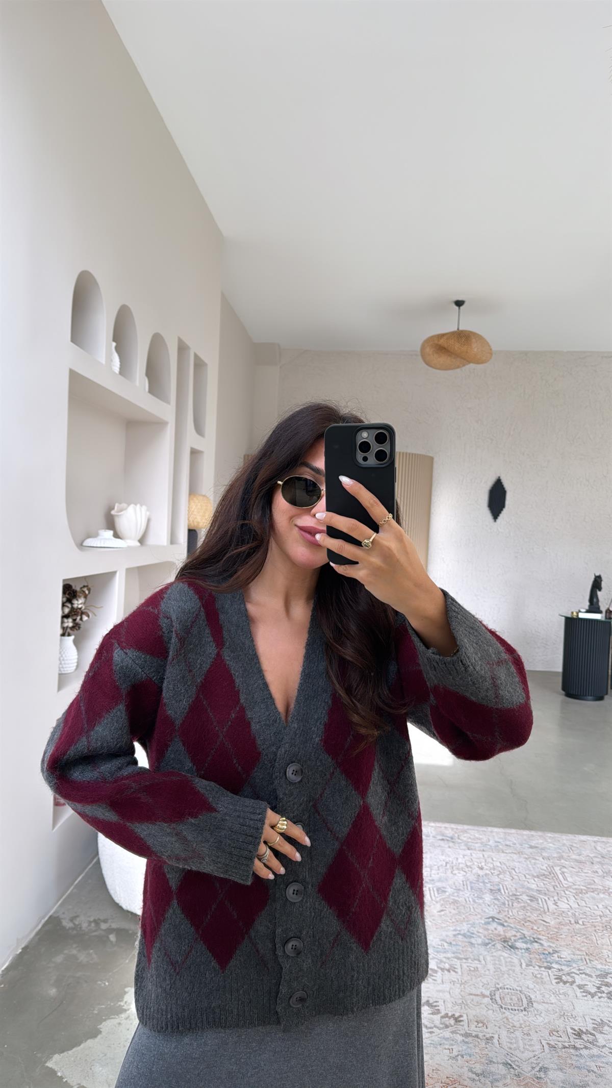 Bordo Antrasit Baklavalı Orijinal Massi Yumoş Hırka