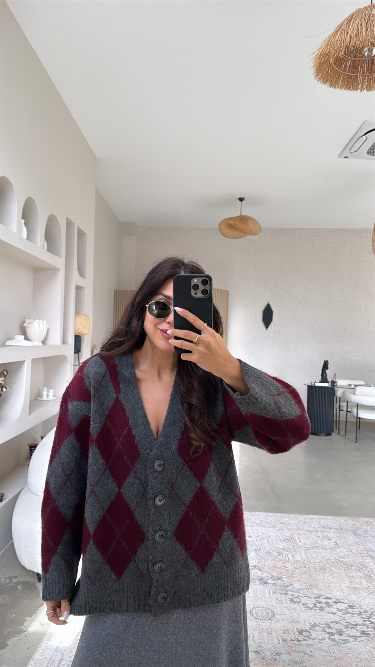 Bordo Antrasit Baklavalı Orijinal Massi Yumoş Hırka