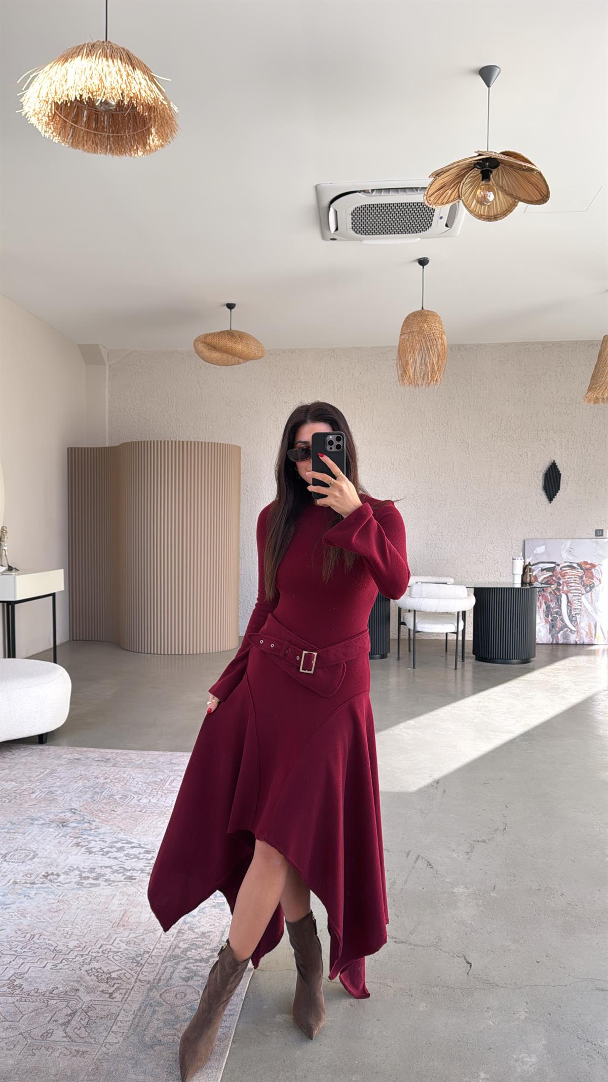 Bordo Asimetrik Kemerli Triko Elbise