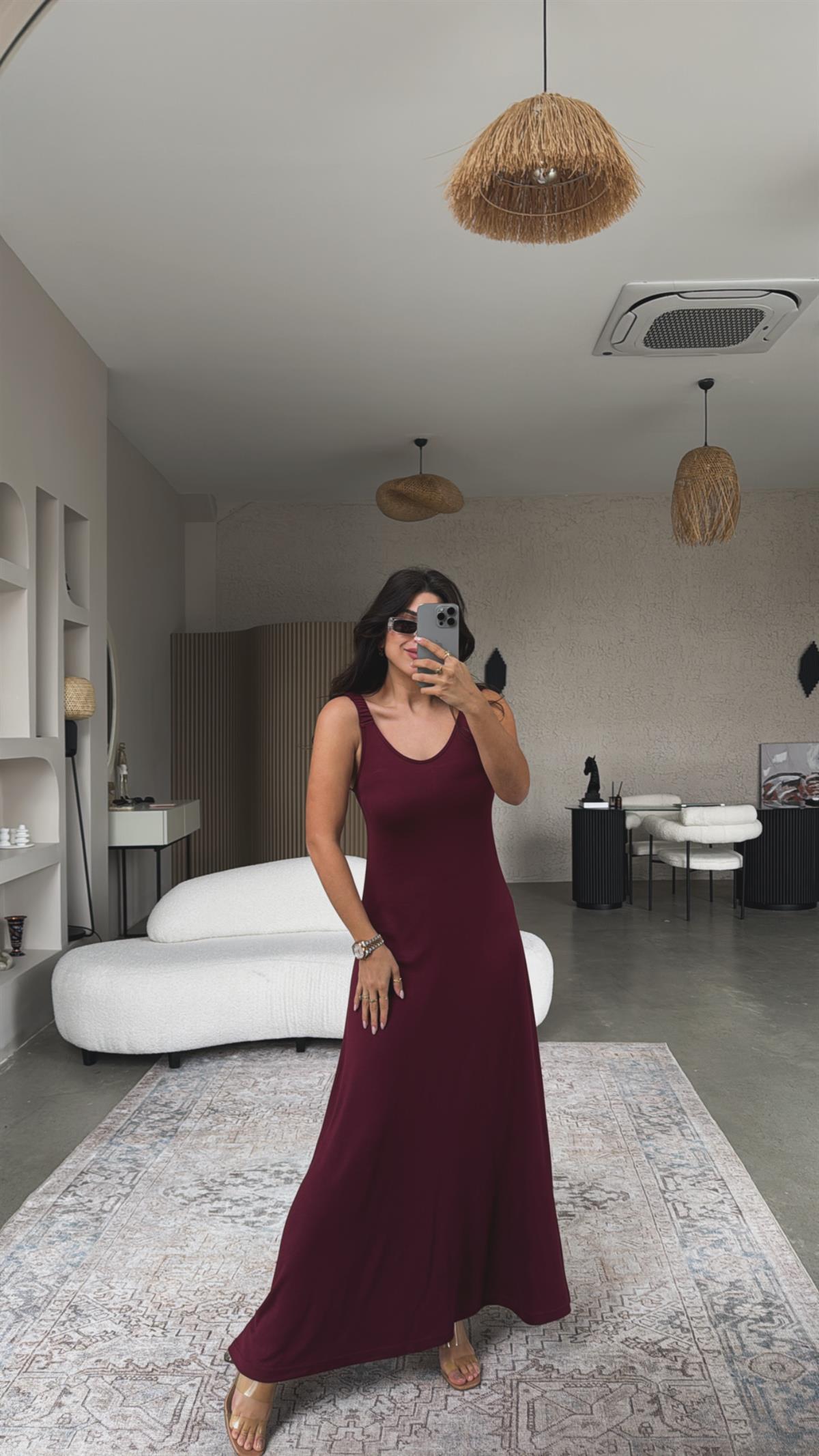 Bordo Askıları Lastikli Pike Modal Elbise
