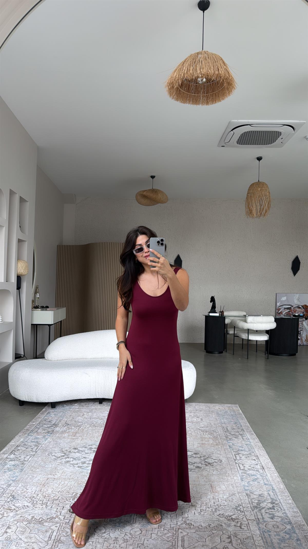Bordo Askıları Lastikli Pike Modal Elbise