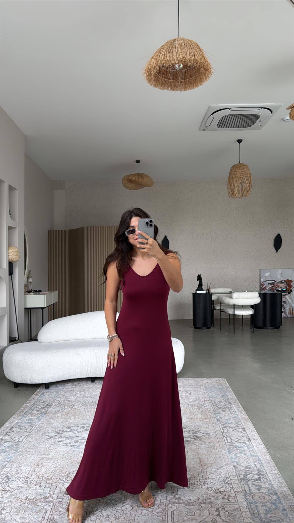 Bordo Askıları Lastikli Pike Modal Elbise