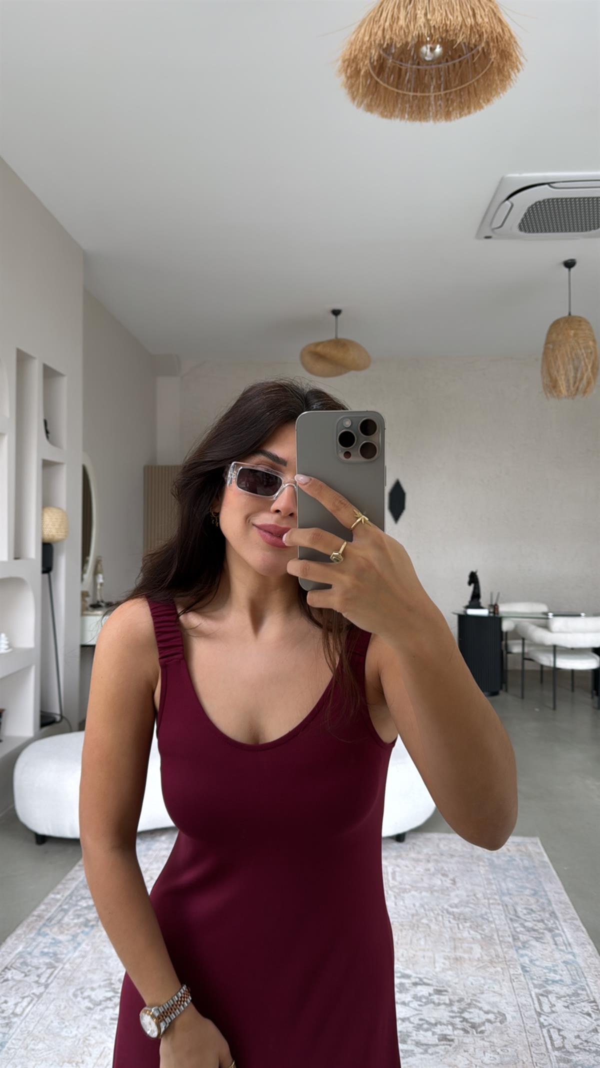 Bordo Askıları Lastikli Pike Modal Elbise