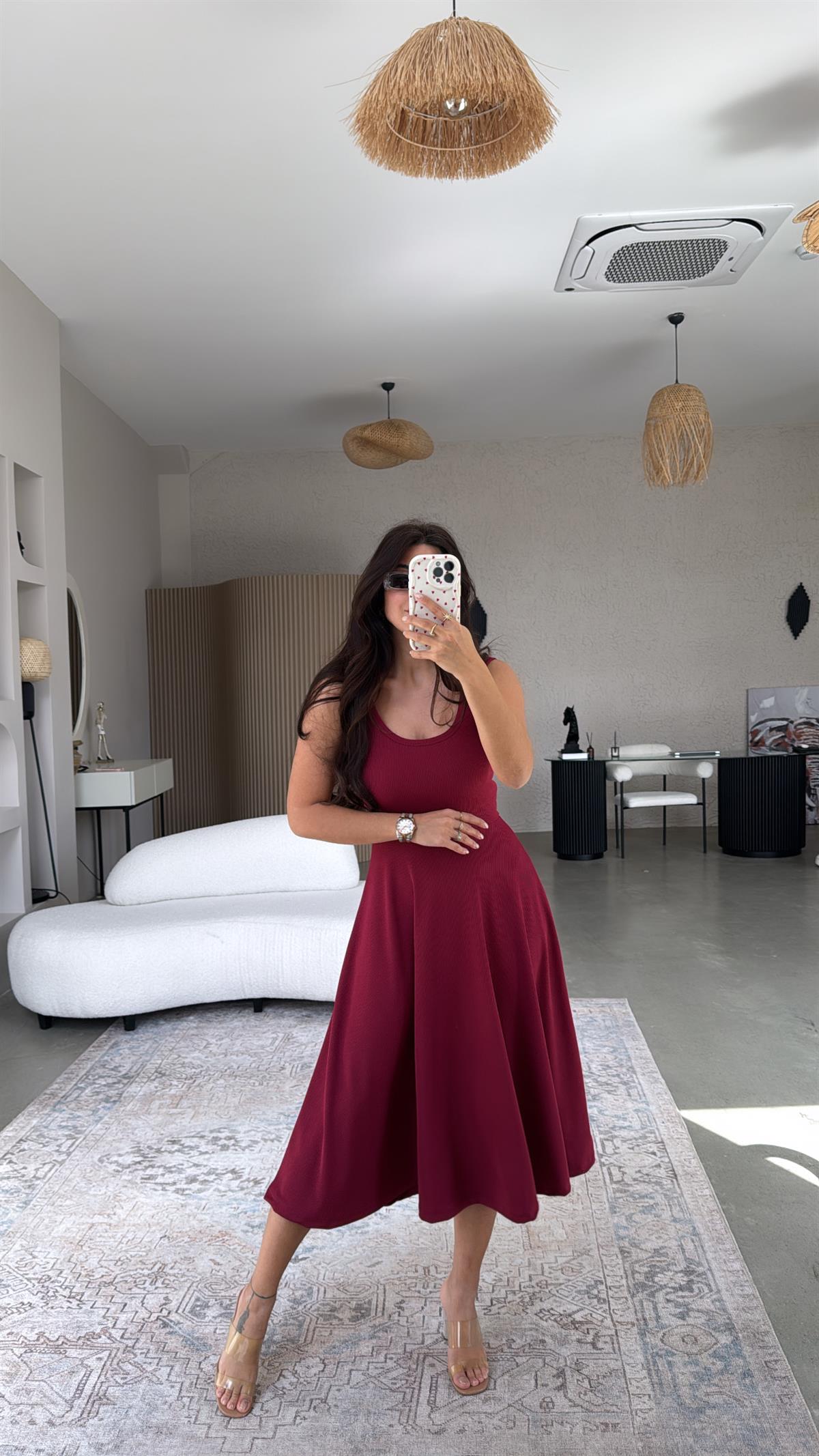 Bordo Askılı Kaşkorse Elbise