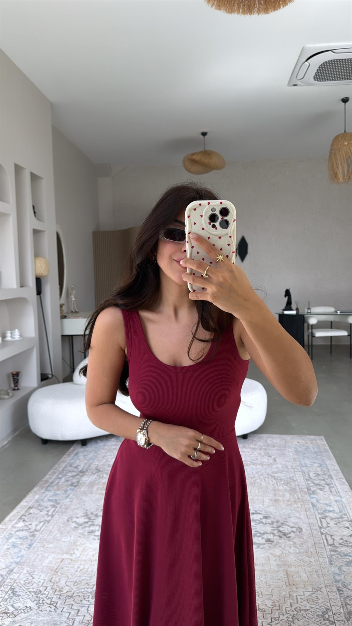 Bordo Askılı Kaşkorse Elbise