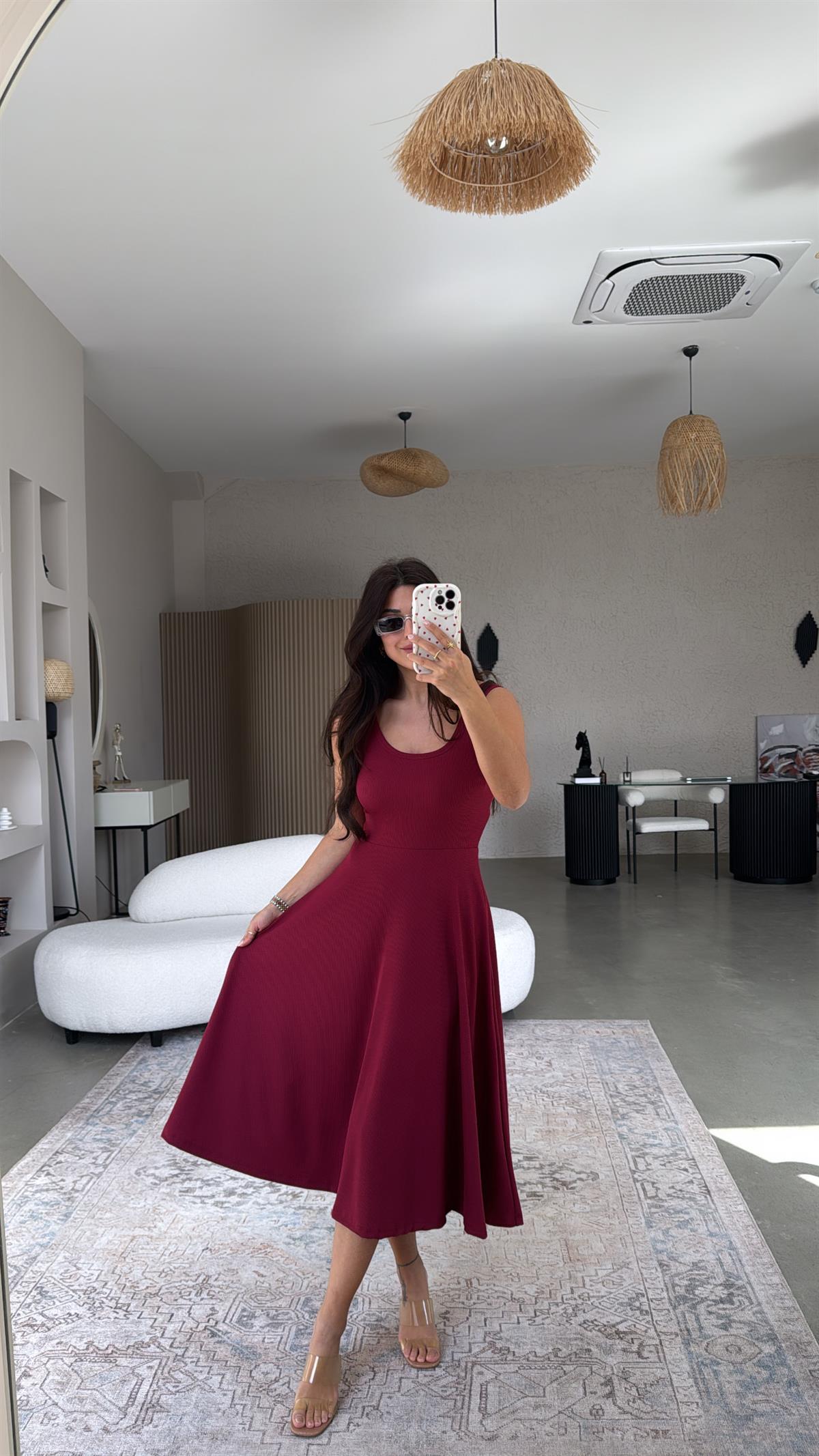 Bordo Askılı Kaşkorse Elbise