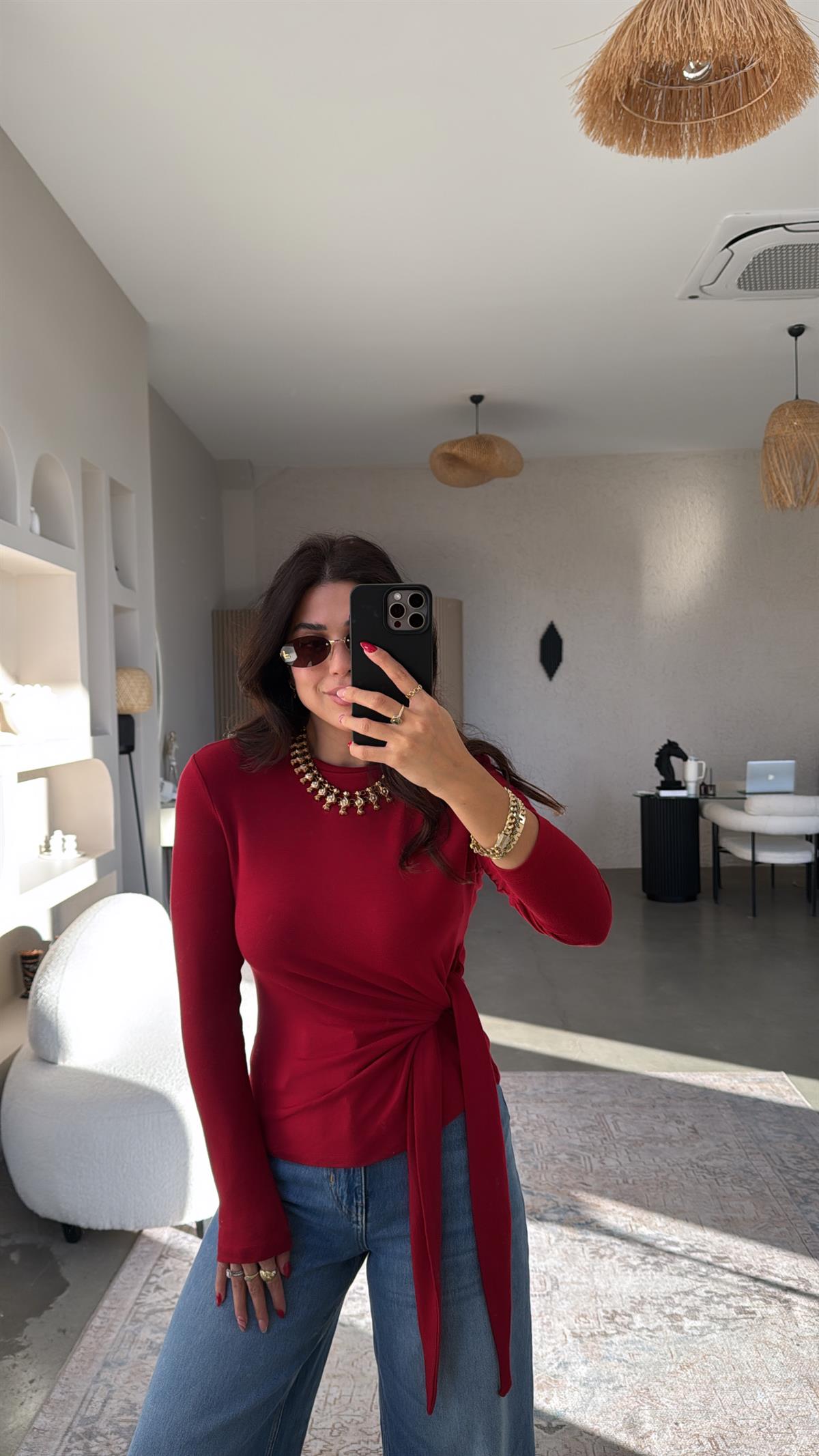 Bordo Bağlamalı İthal Kumaş Bluz