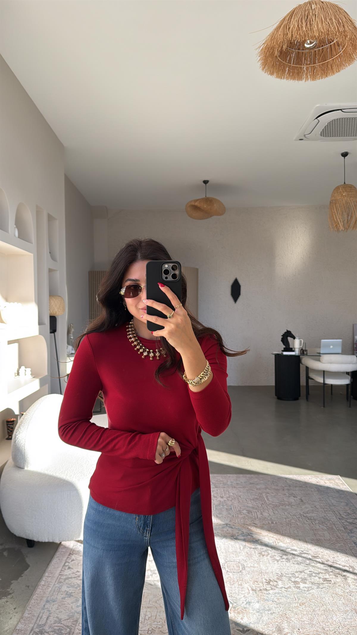 Bordo Bağlamalı İthal Kumaş Bluz