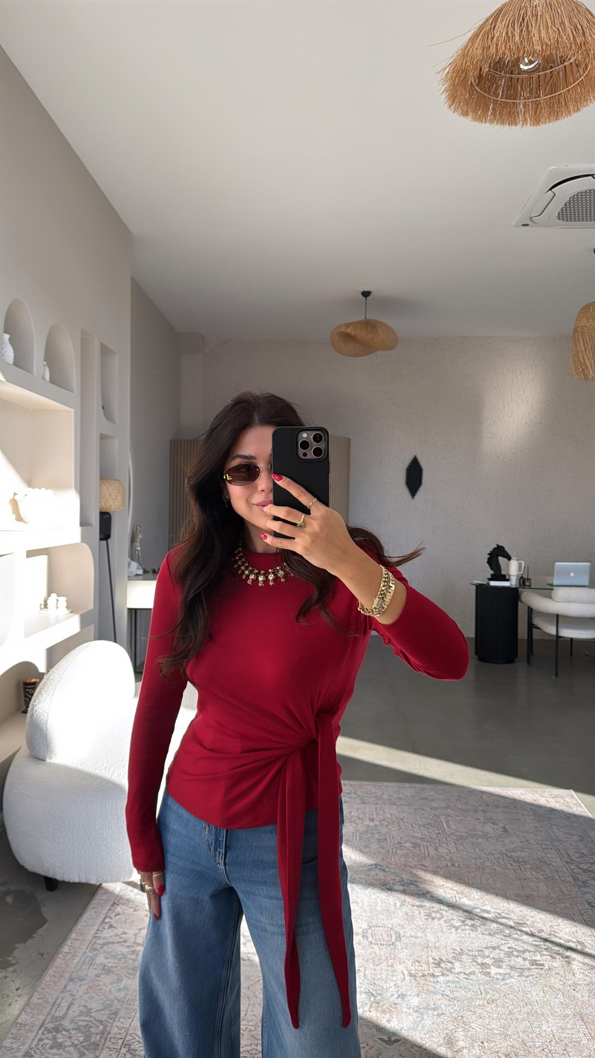 Bordo Bağlamalı İthal Kumaş Bluz