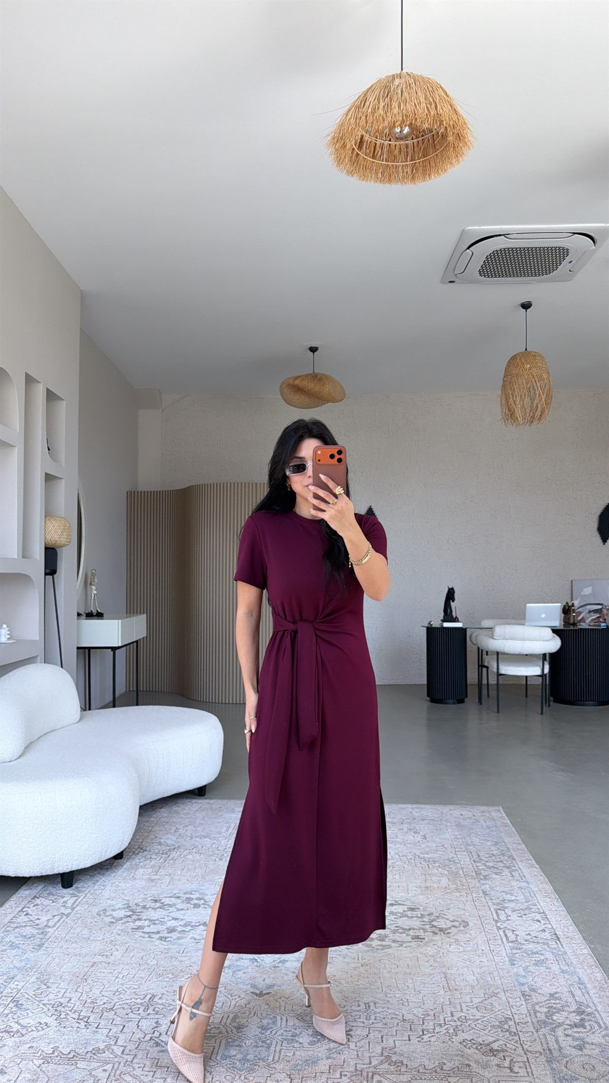 Bordo Bağlamalı Kısa Kol Modal Elbise