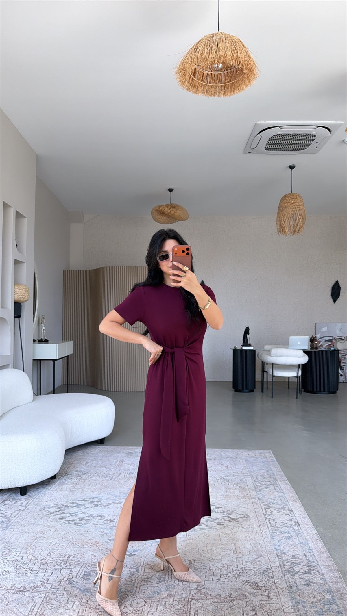 Bordo Bağlamalı Kısa Kol Modal Elbise