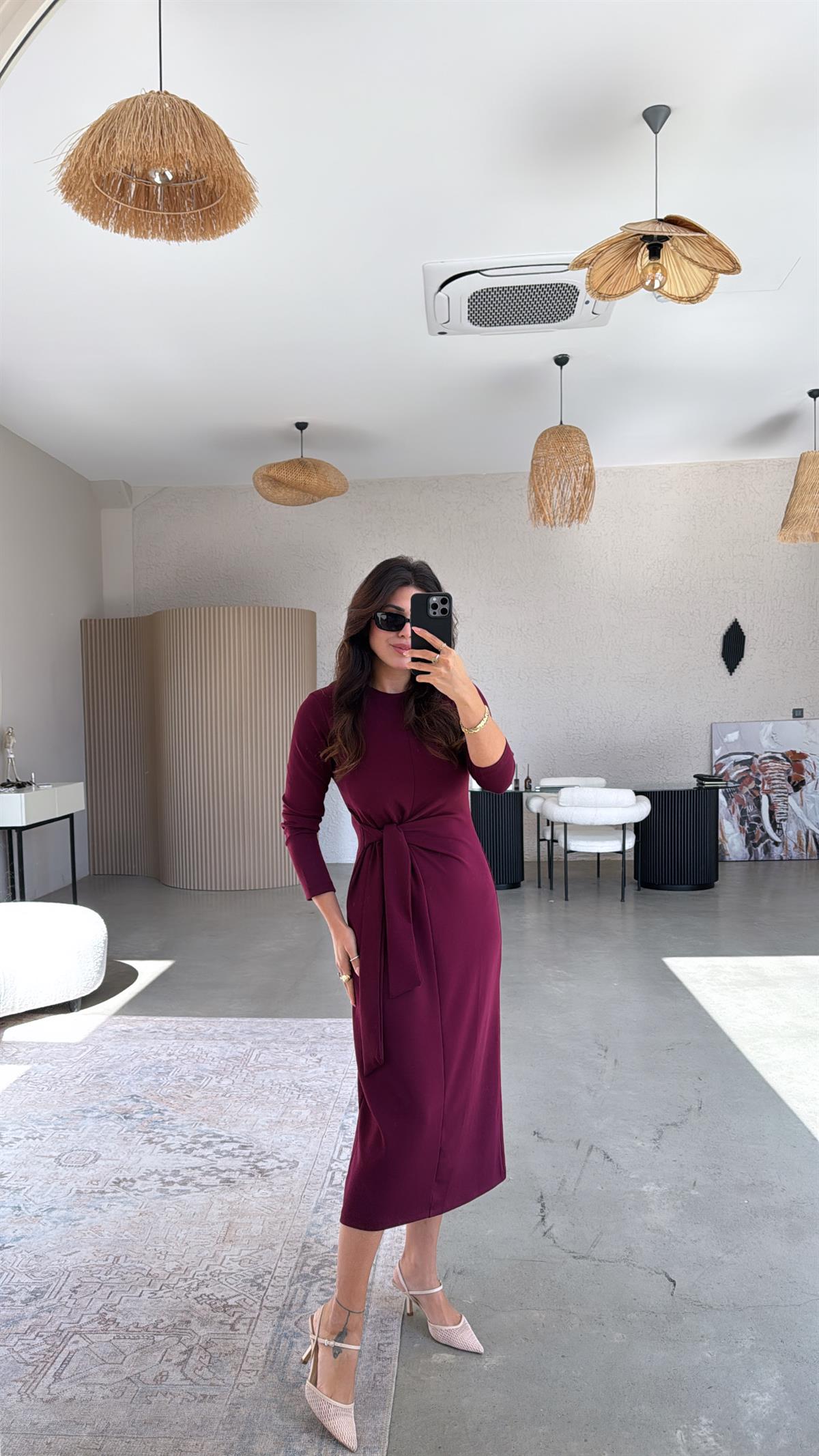 Bordo Bağlamalı Modal Elbise