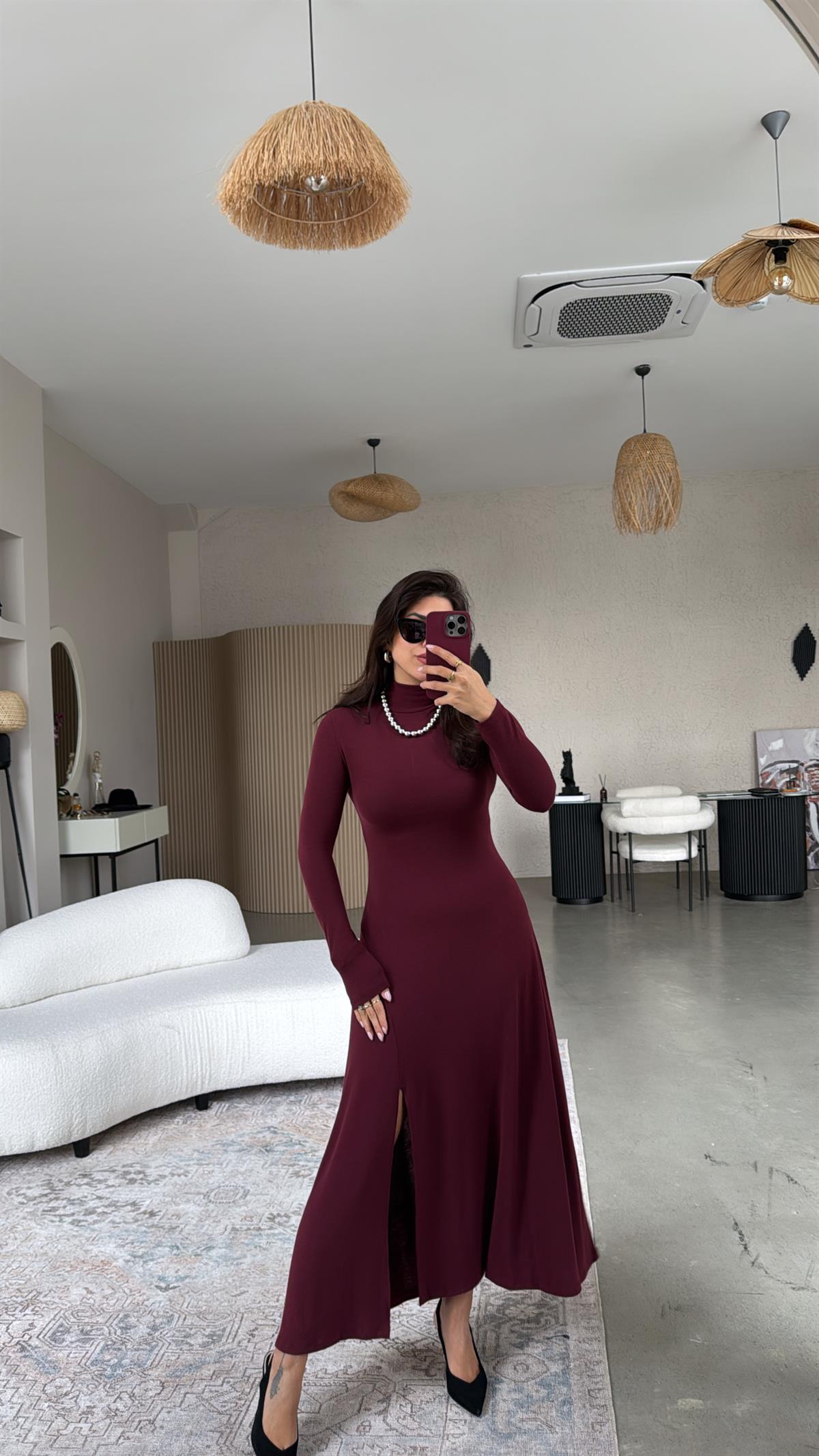 Bordo Balıkçı Çilek Triko Yırtmaçlı Elbise