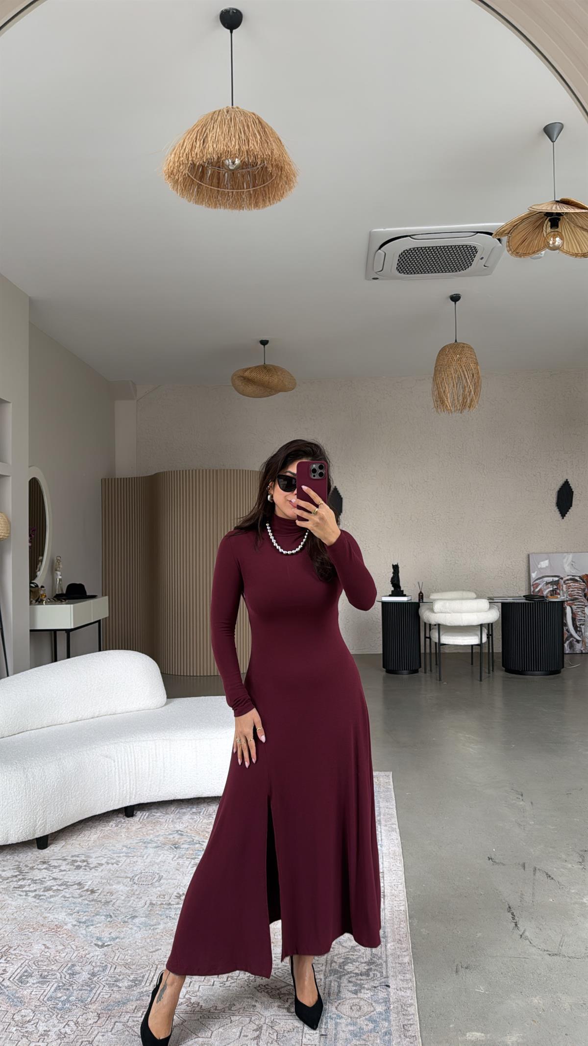 Bordo Balıkçı Çilek Triko Yırtmaçlı Elbise