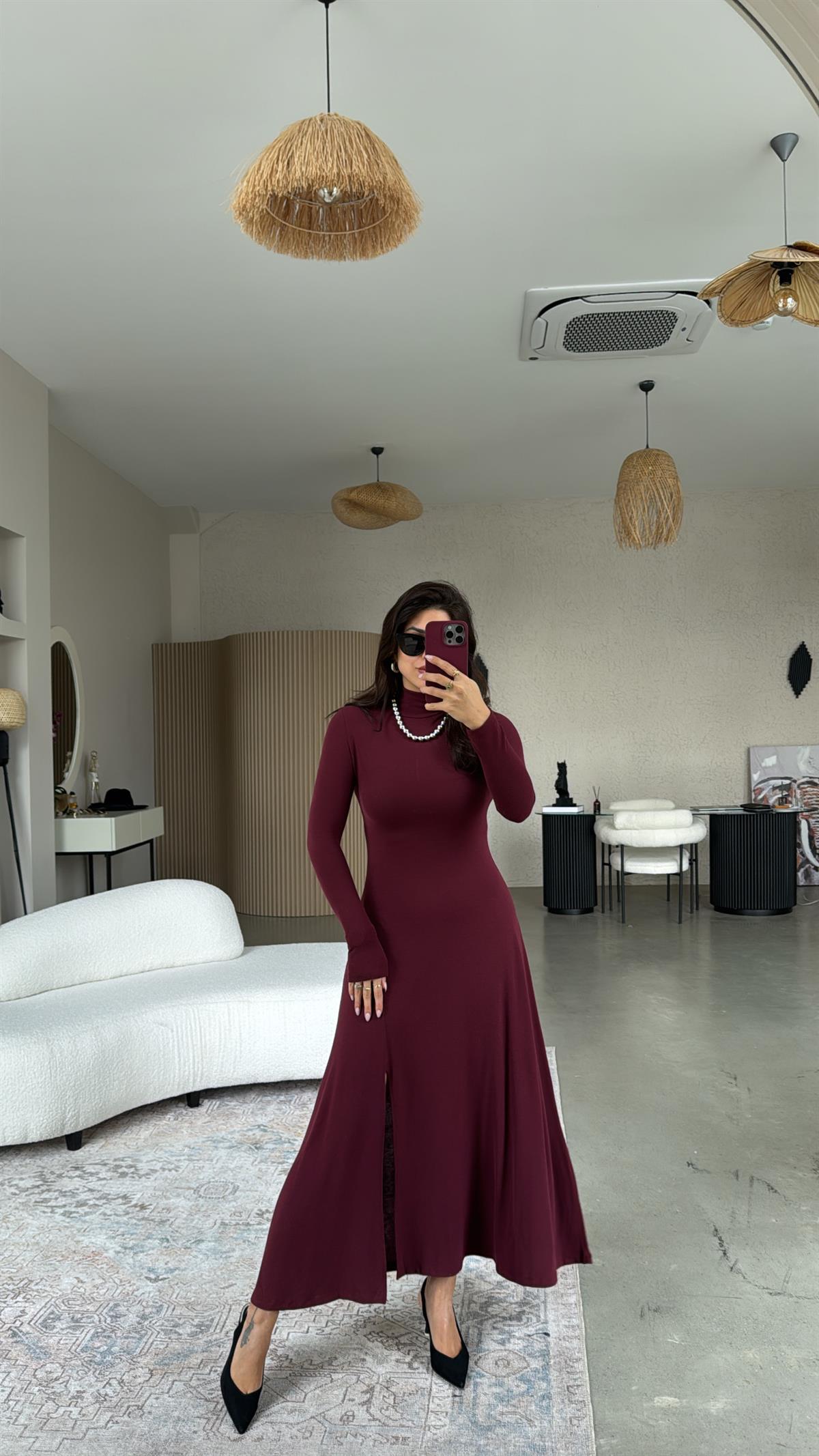 Bordo Balıkçı Çilek Triko Yırtmaçlı Elbise