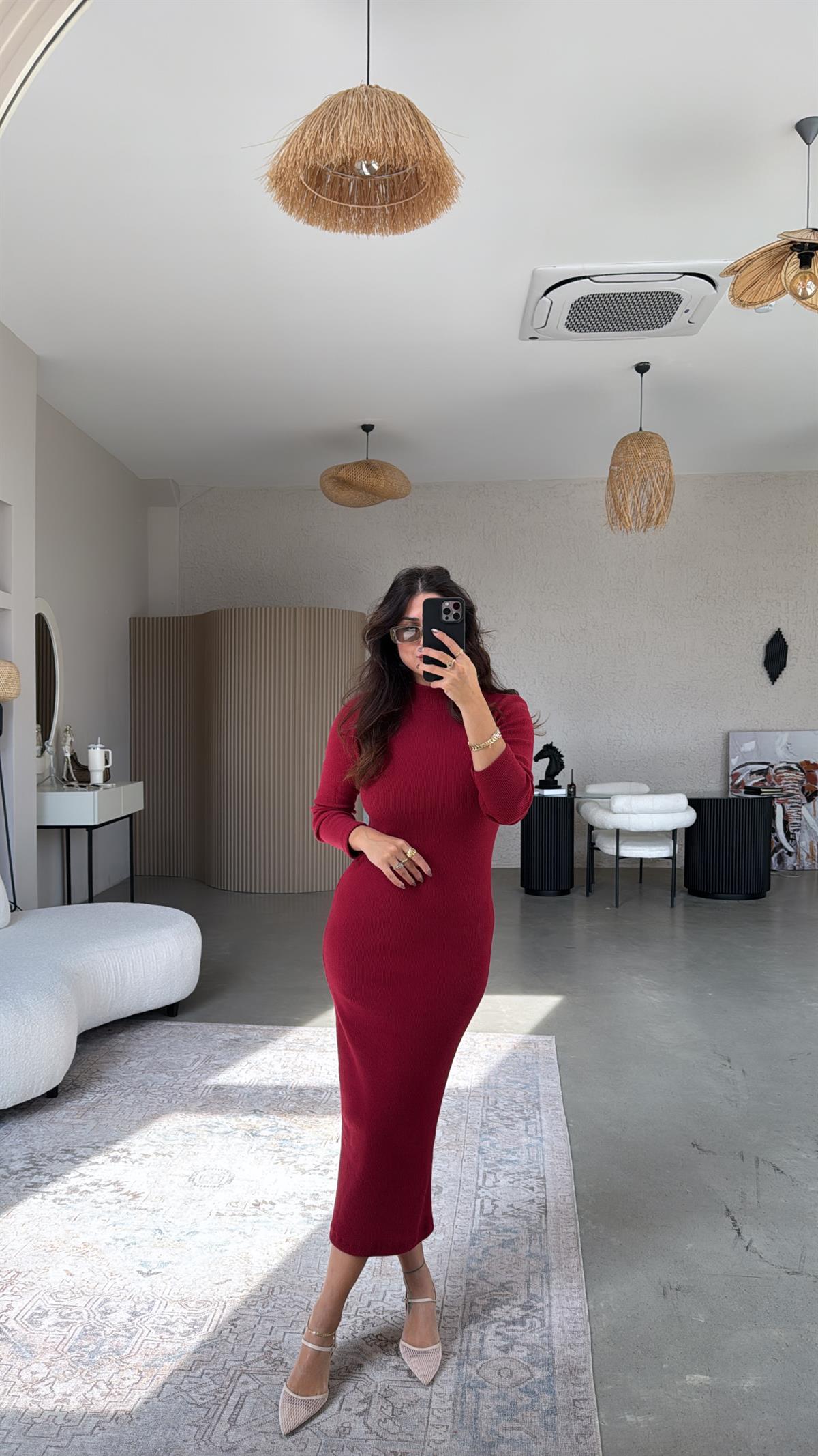 Bordo Balıkçı Yün Triko Elbise