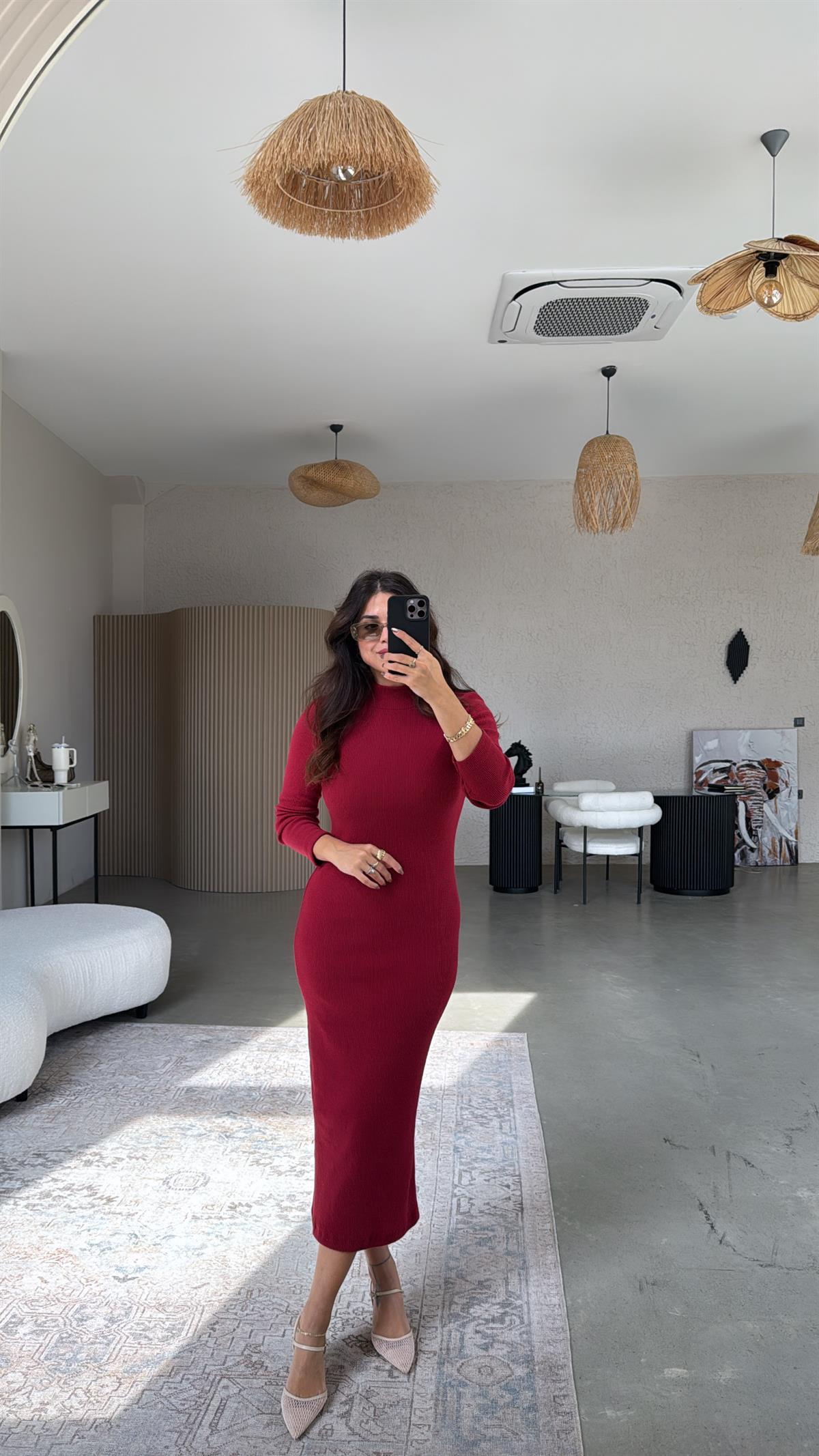 Bordo Balıkçı Yün Triko Elbise