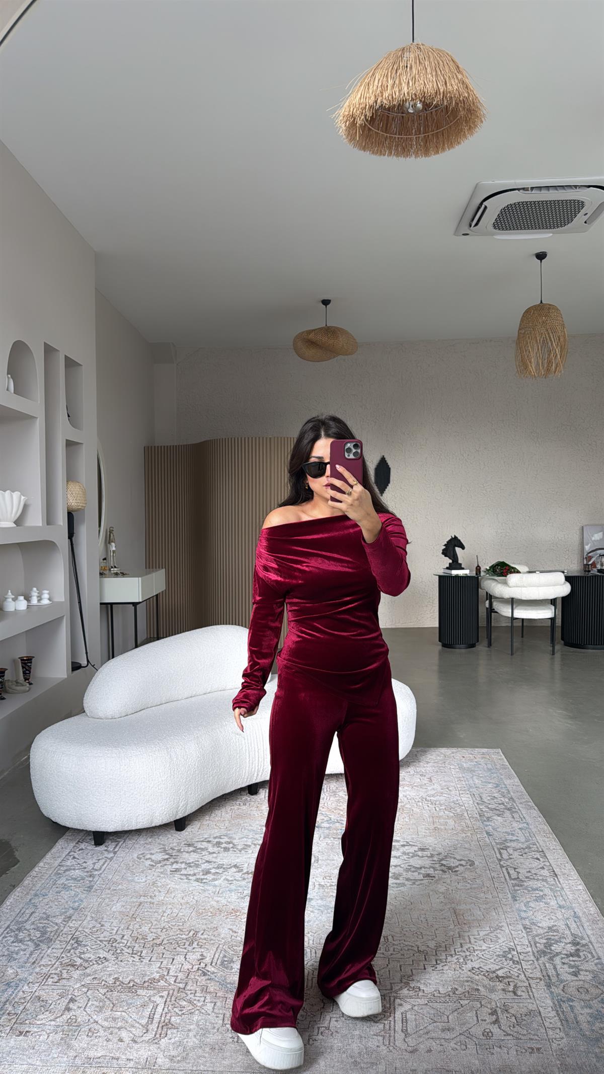 Bordo Basic Kadife Pantolon